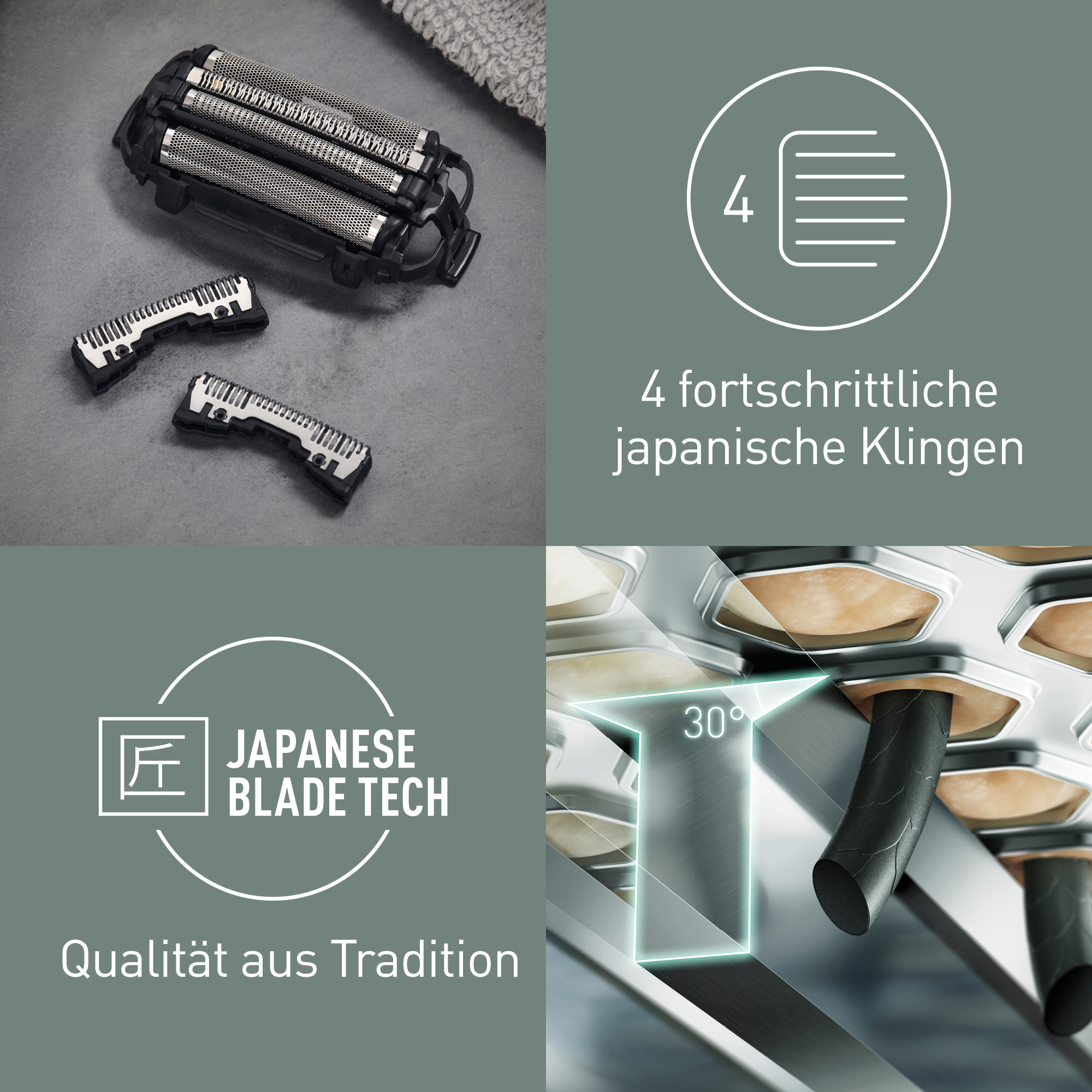 Nahaufnahme eines Rasierers und Klingen. Text enthält 'Japanese Blade Tech' und 'Qualität aus Tradition'.