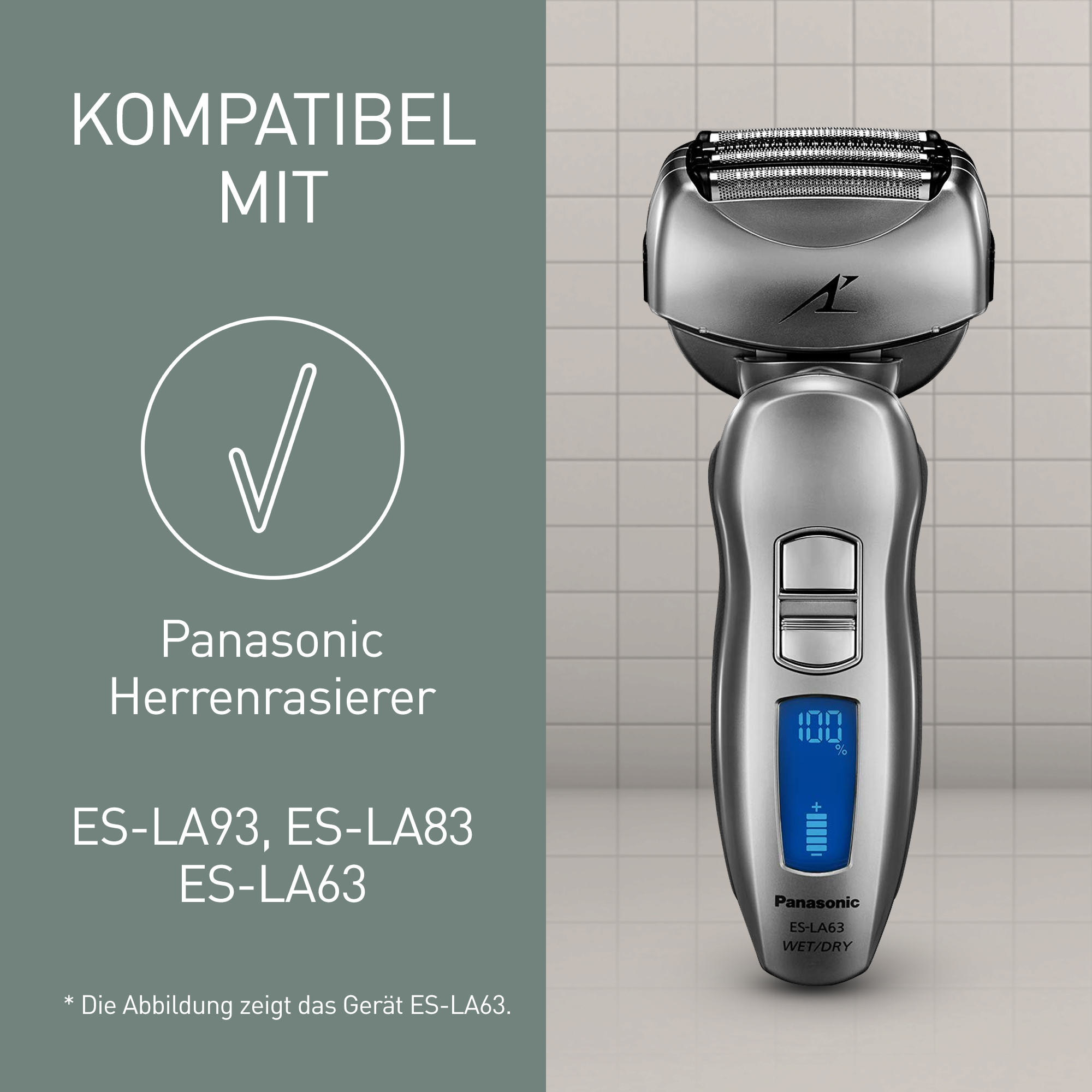 Ein silberner elektrischer Rasierer von Panasonic. Er hat ein digitales Display mit 100 % Akku und ist kompatibel mit ES-LA63.