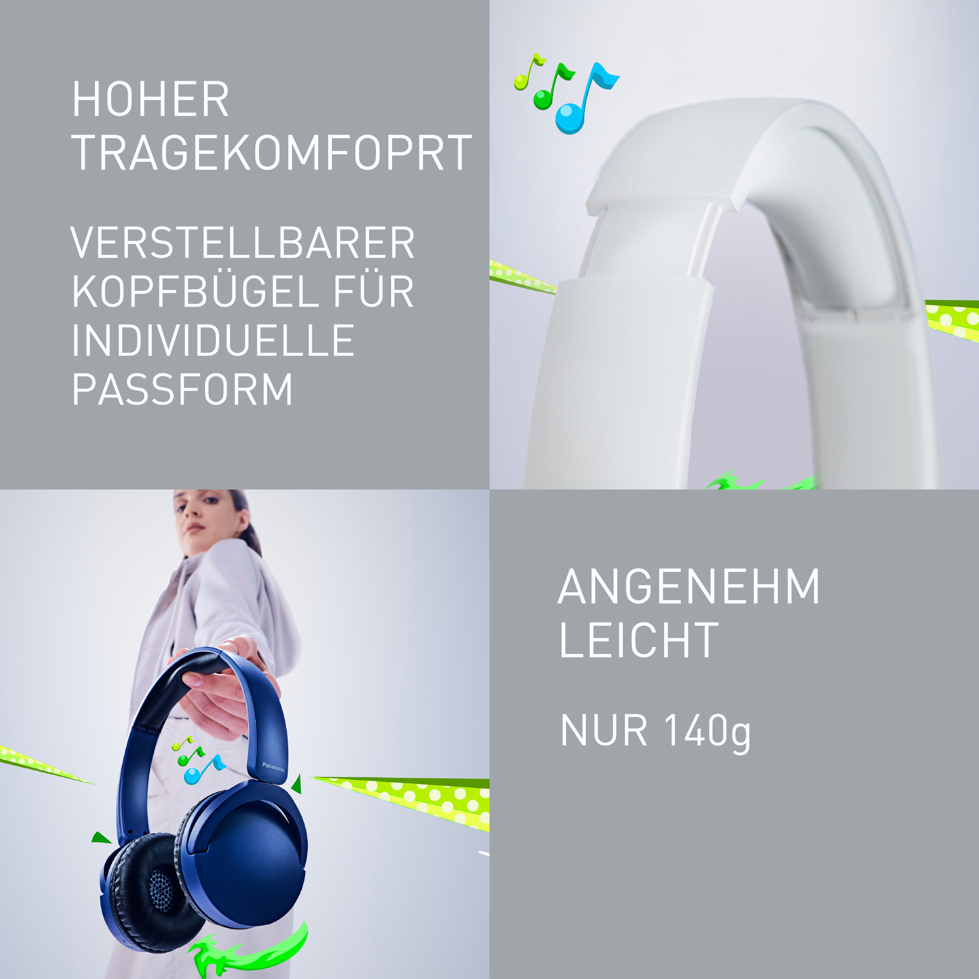 Eine Person, die blaue Kopfhörer hält. Musiknoten, grüne und weiße Akzente sowie Text über Komfort und Gewicht sind ebenfalls vorhanden.