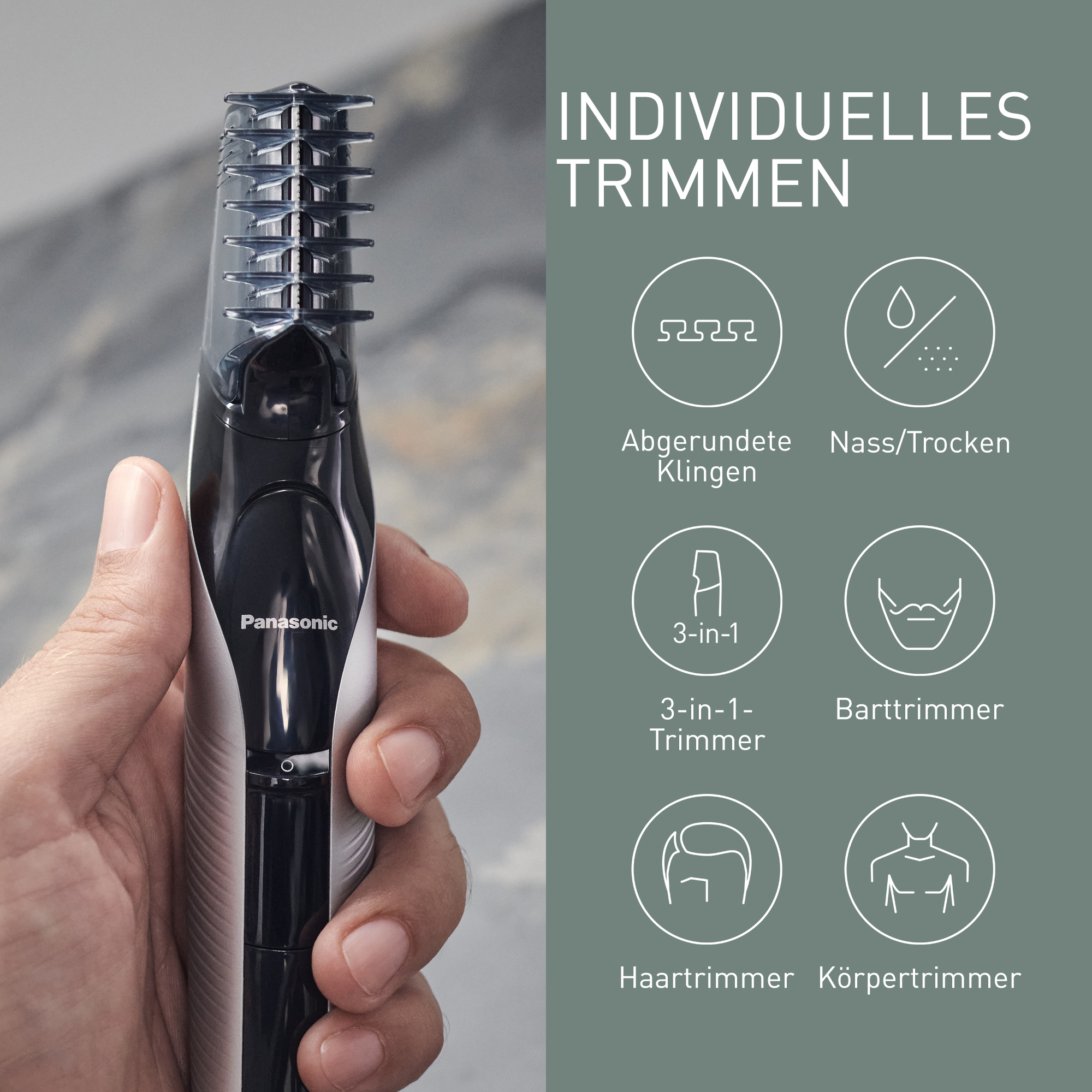 Hand hält einen schwarzen und silbernen Panasonic-Trimmer. Text: 'INDIVIDUELLES TRIMMEN'. Symbole zeigen Funktionen.