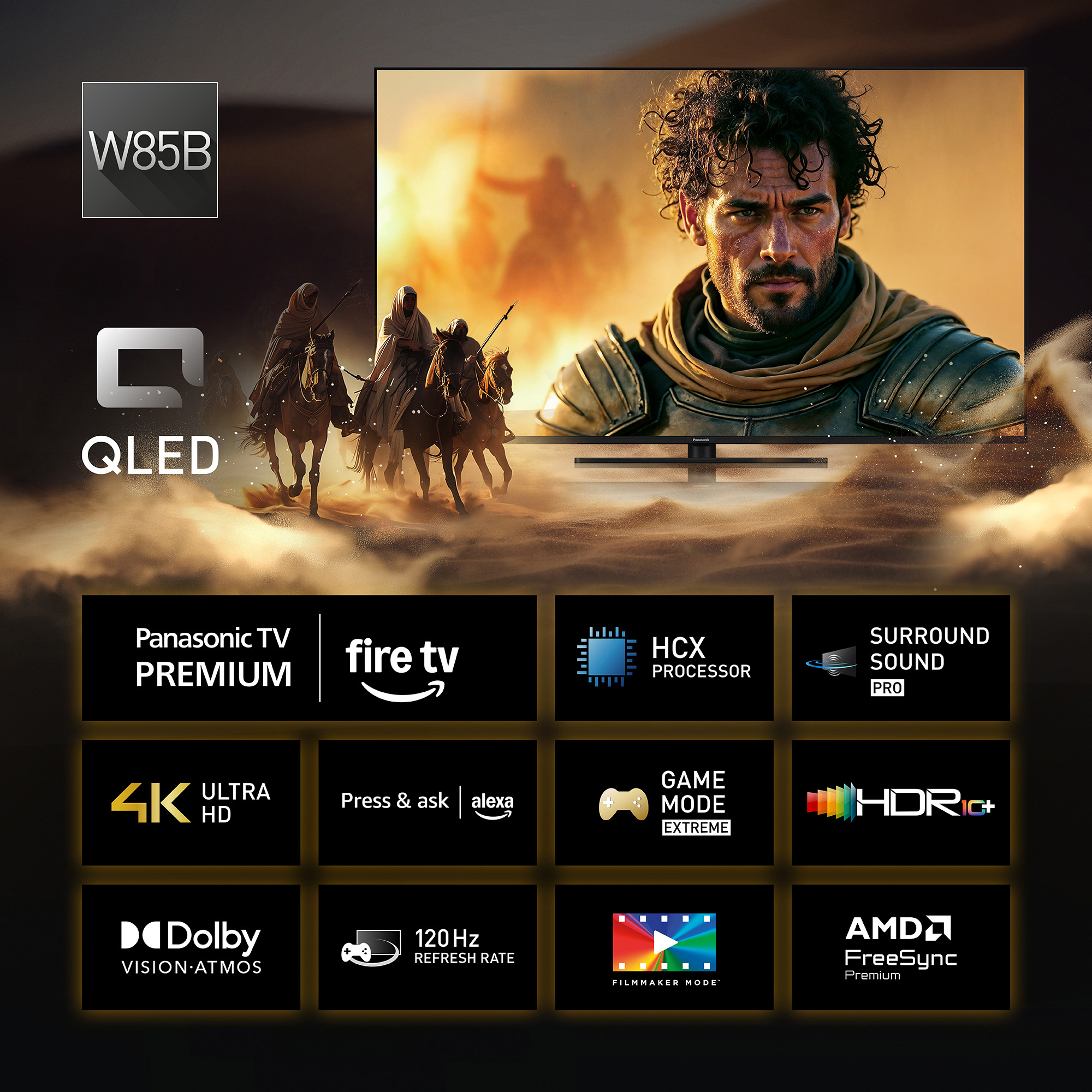 Der Fernsehbildschirm zeigt eine Kriegerszene. Unten sind Merkmale: 4K, Dolby, HDR, Fire TV und mehr.