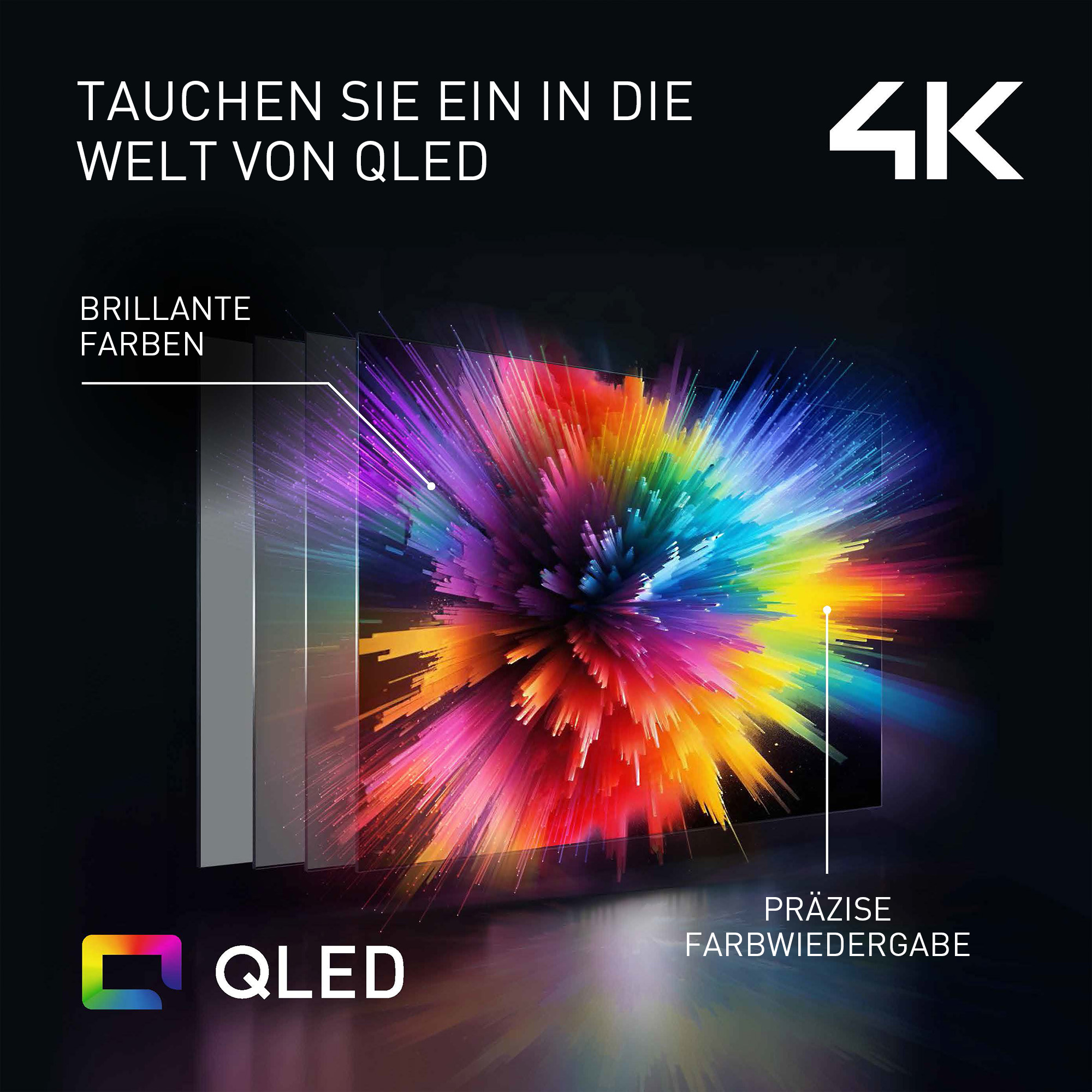 Das Bild zeigt einen QLED-Fernseher mit lebendigen Farben, 4K-Auflösung und Text, der brillante Farben und präzise Farbwiedergabe bewirbt.