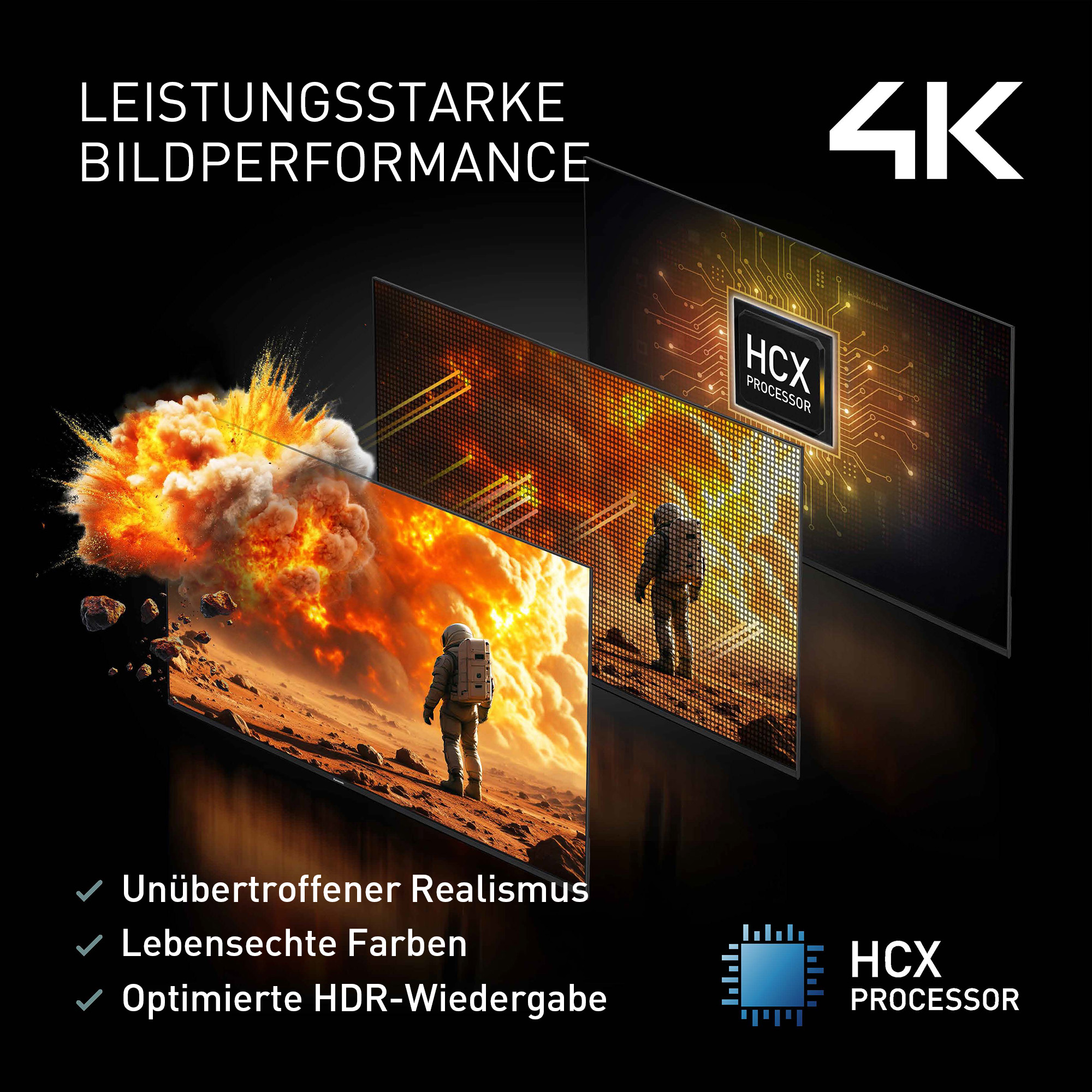 Das Bild zeigt einen Bildschirm mit Astronauten, Explosion und einem Prozessor. Text: Leistungsstarke Bildperformance, 4K, HCX-Prozessor.