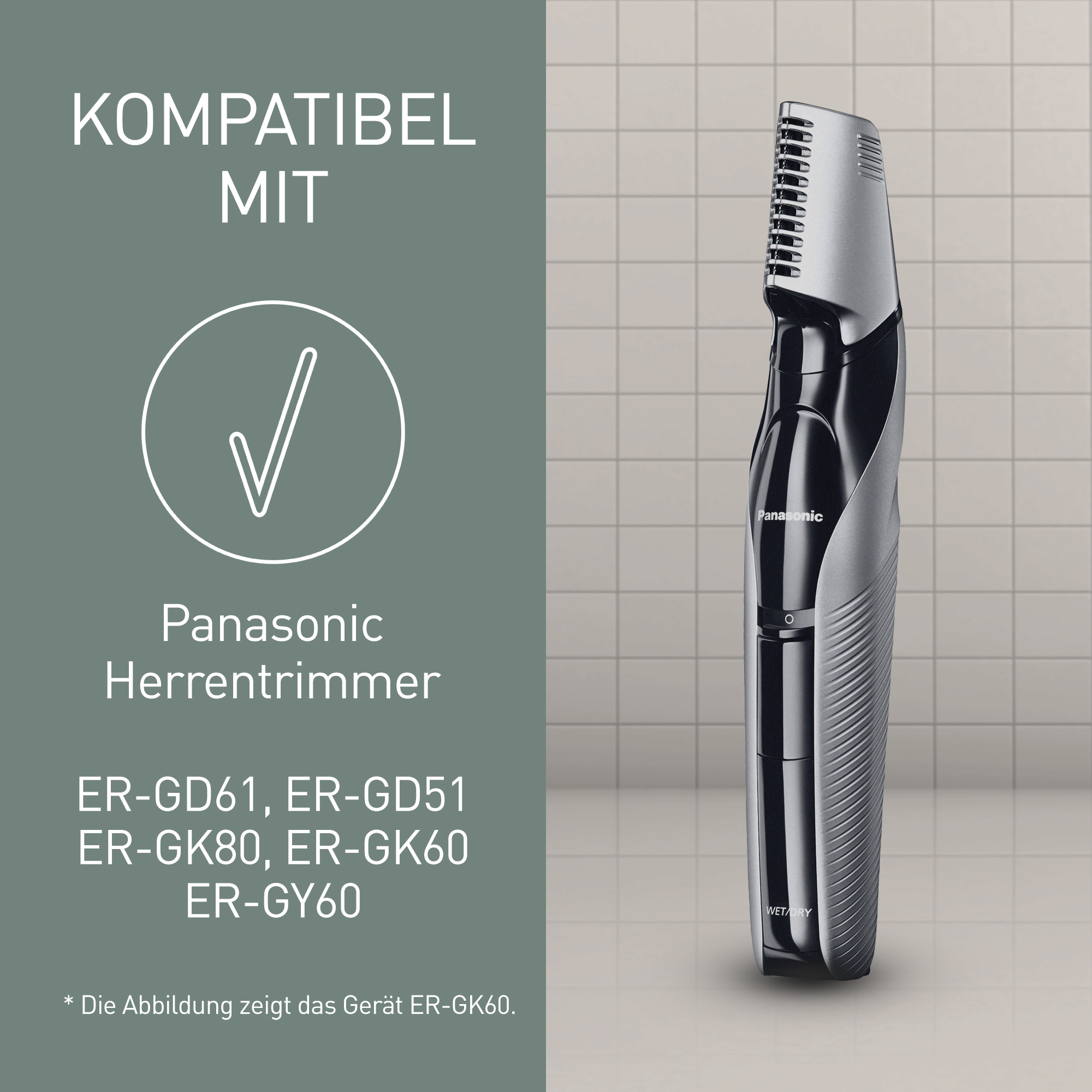Ein Panasonic Haartrimmer wird angezeigt. Es ist silber und schwarz. Das Produkt wird vor einem gefliesten Hintergrund gezeigt.