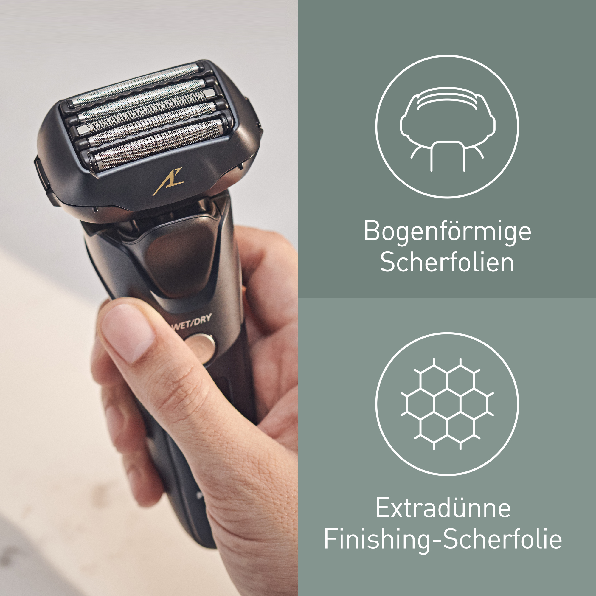 Eine Hand hält einen schwarzen Elektrorasierer. Der Scherkopf hat silberne Klingen. Text beschreibt Merkmale. Grüner Hintergrund.