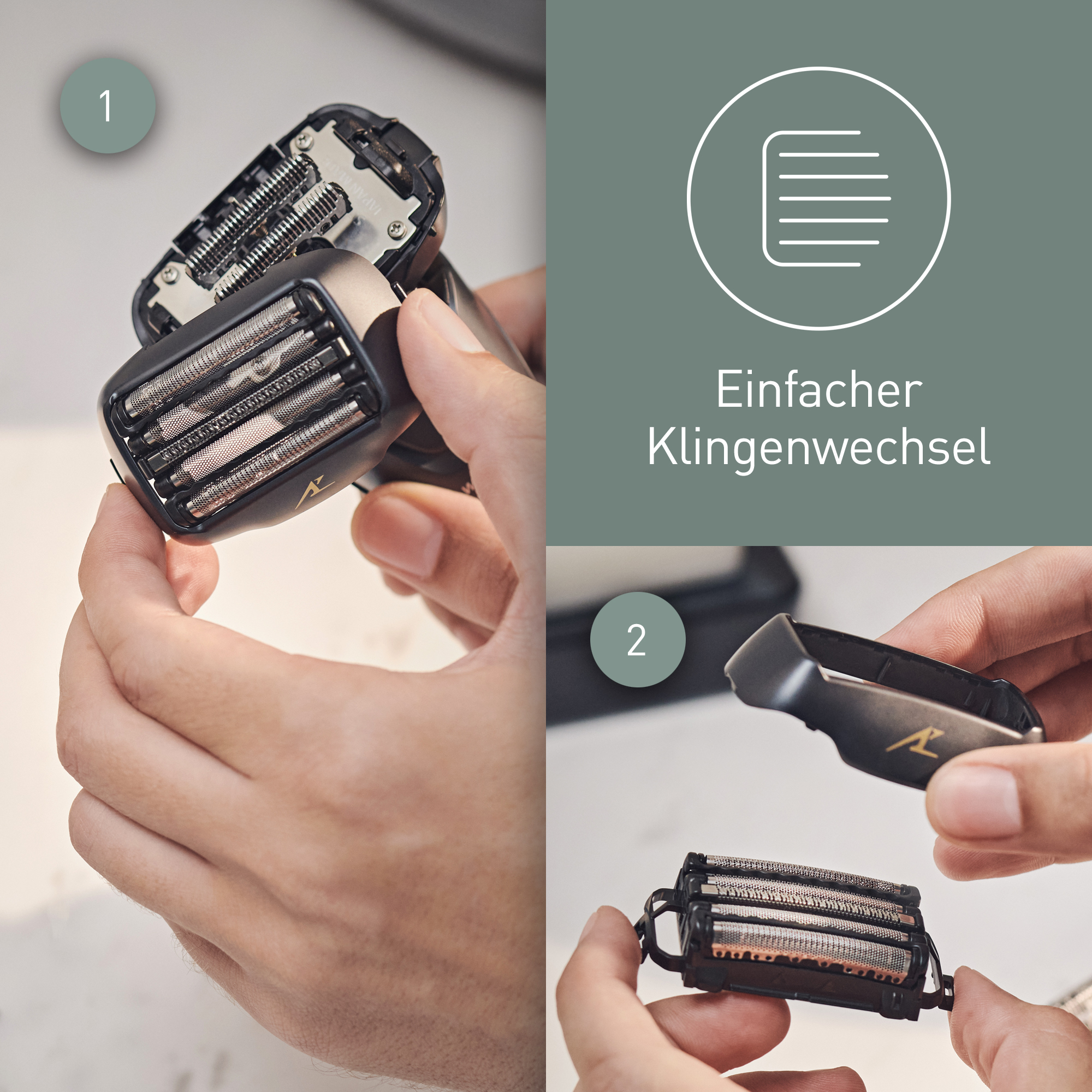 Nahaufnahme eines Rasierers, der zerlegt wird, wobei die Klingen und der Klingenwechselprozess gezeigt werden. Der Hintergrund ist unscharf.