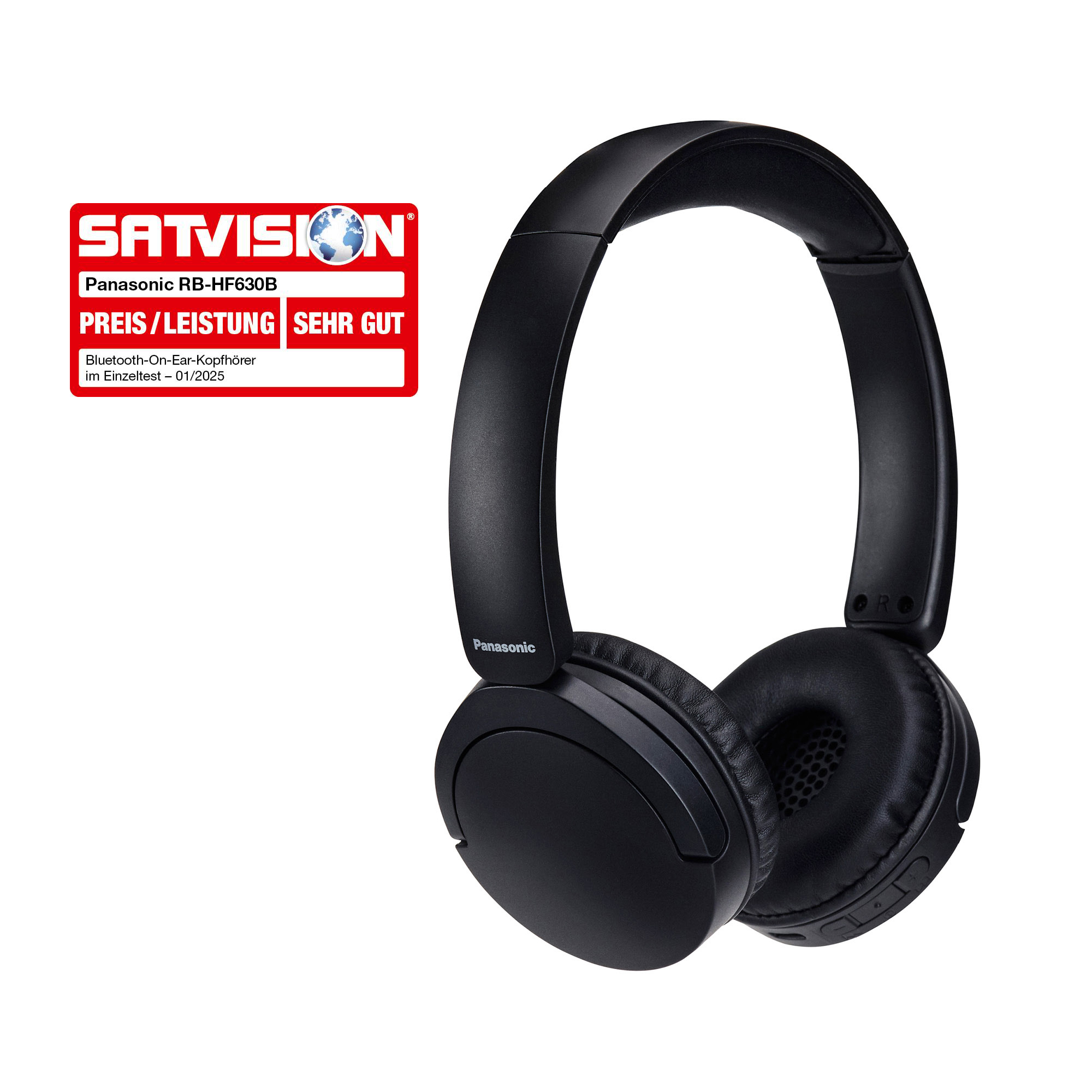 Casque noir Panasonic RB-HF630B sur blanc. Une étiquette rouge indique 'Preis/Leistung SEHR GUT'.
