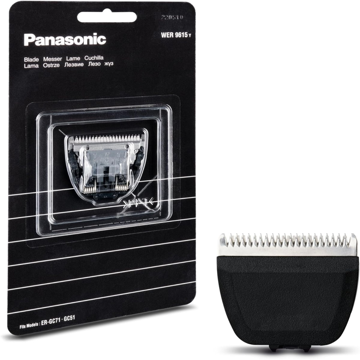 Ein Panasonic-Trimmer-Messersatz, bestehend aus einer schwarzen Verpackung mit der Klinge und einer separaten Klinge. Der Text 'Blade' ist sichtbar.