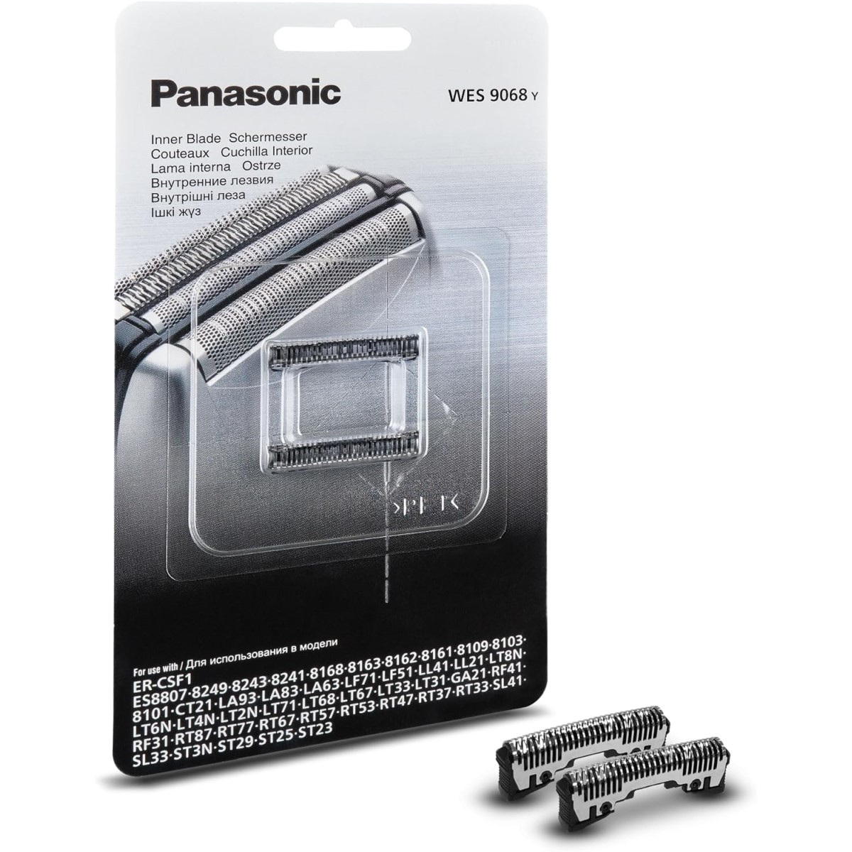 Lames de rechange pour rasoir Panasonic. L'emballage montre les lames et les numéros de modèle. Fond blanc avec des accents gris.