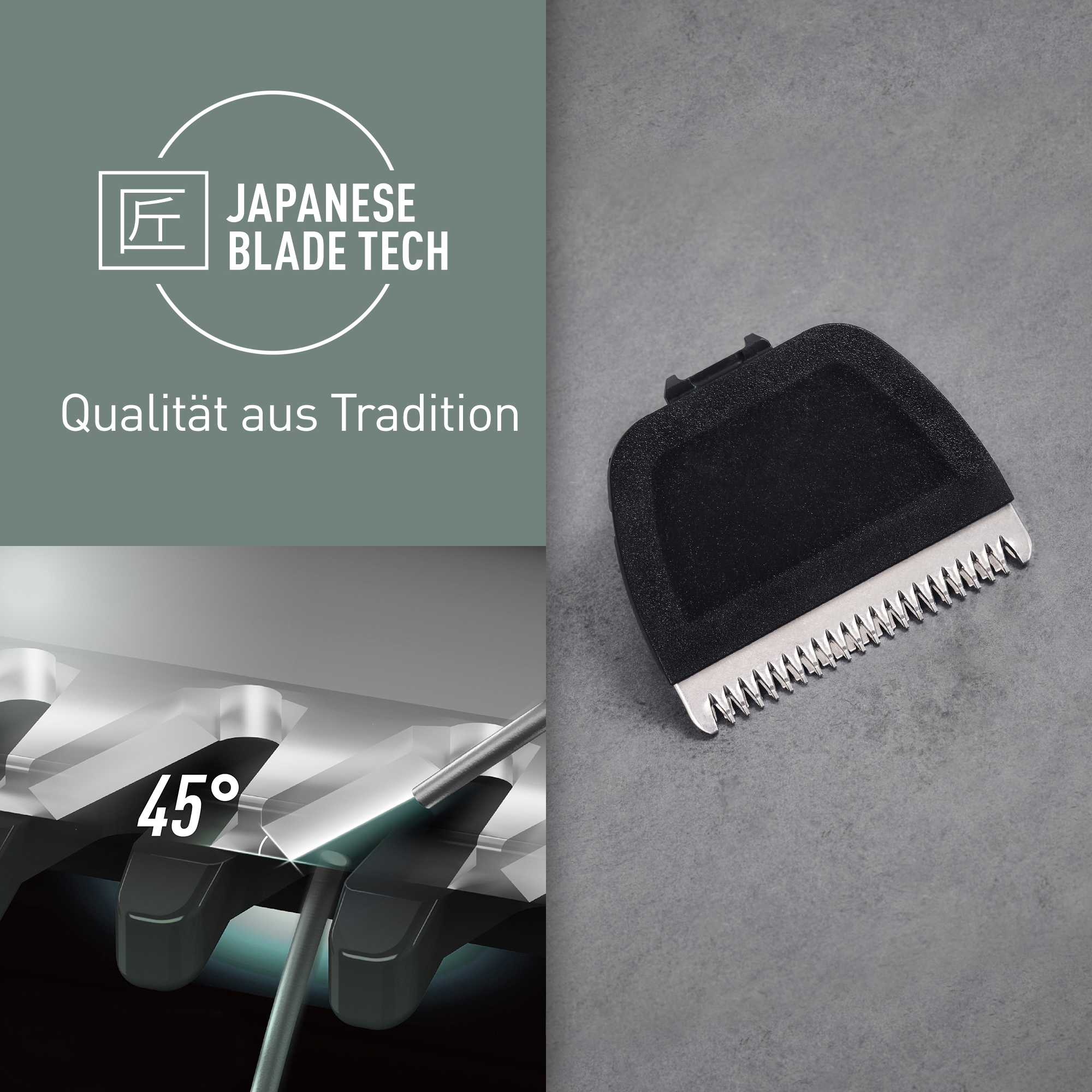 Eine schwarze und silberne Klinge auf grauem Untergrund. Text: Japanese Blade Tech, Qualität aus Tradition, und 45 Grad Winkel.