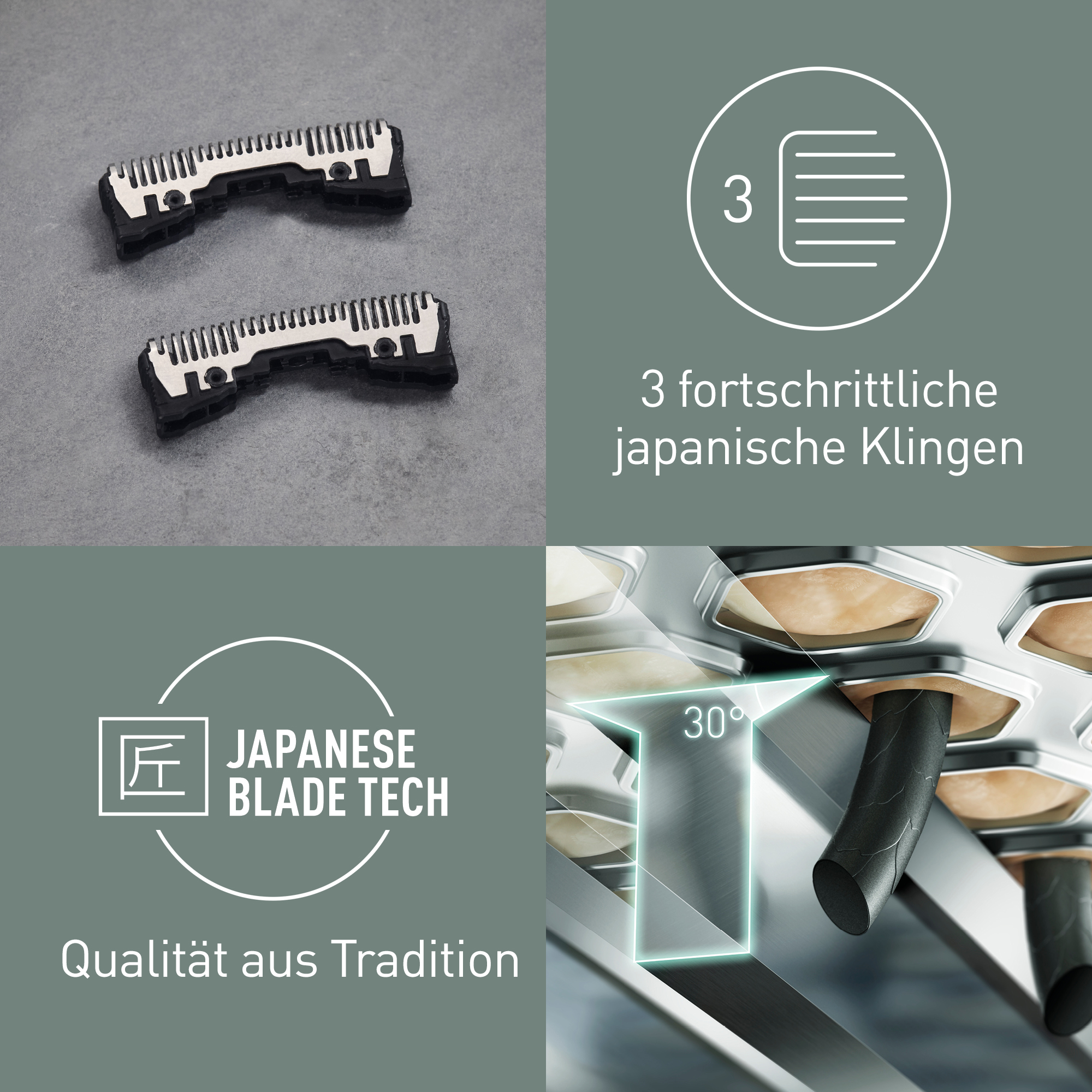 L'image montre des lames de rasoir et des informations sur la technologie japonaise avec un angle de 30 degrés. Texte : 'Qualité de la tradition'.