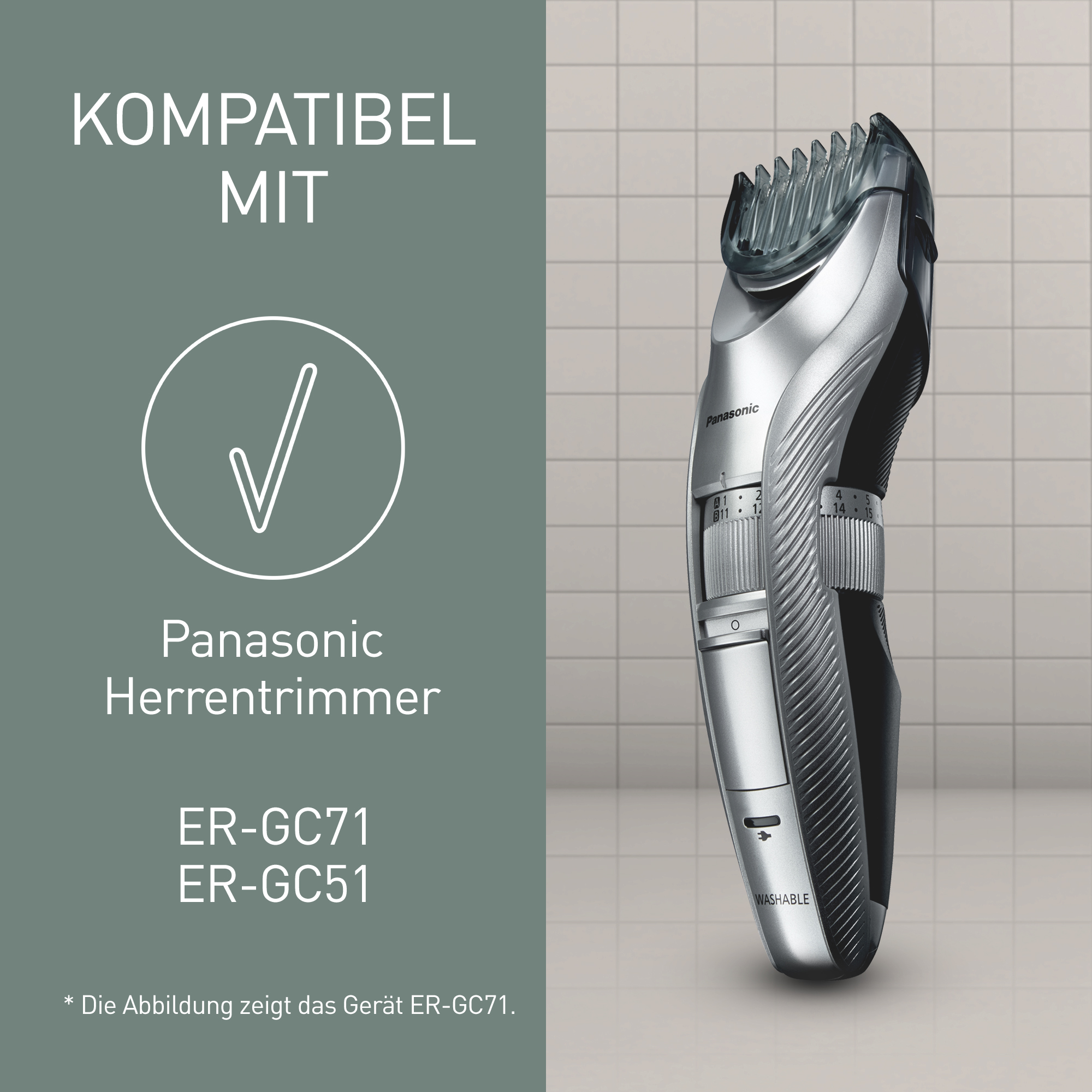 Ein silberner Panasonic-Herrenrasierer. Text lautet: KOMPATIBEL MIT, Panasonic Herrentrimmer, ER-GC71, ER-GC51. Hintergrund: Gitter.
