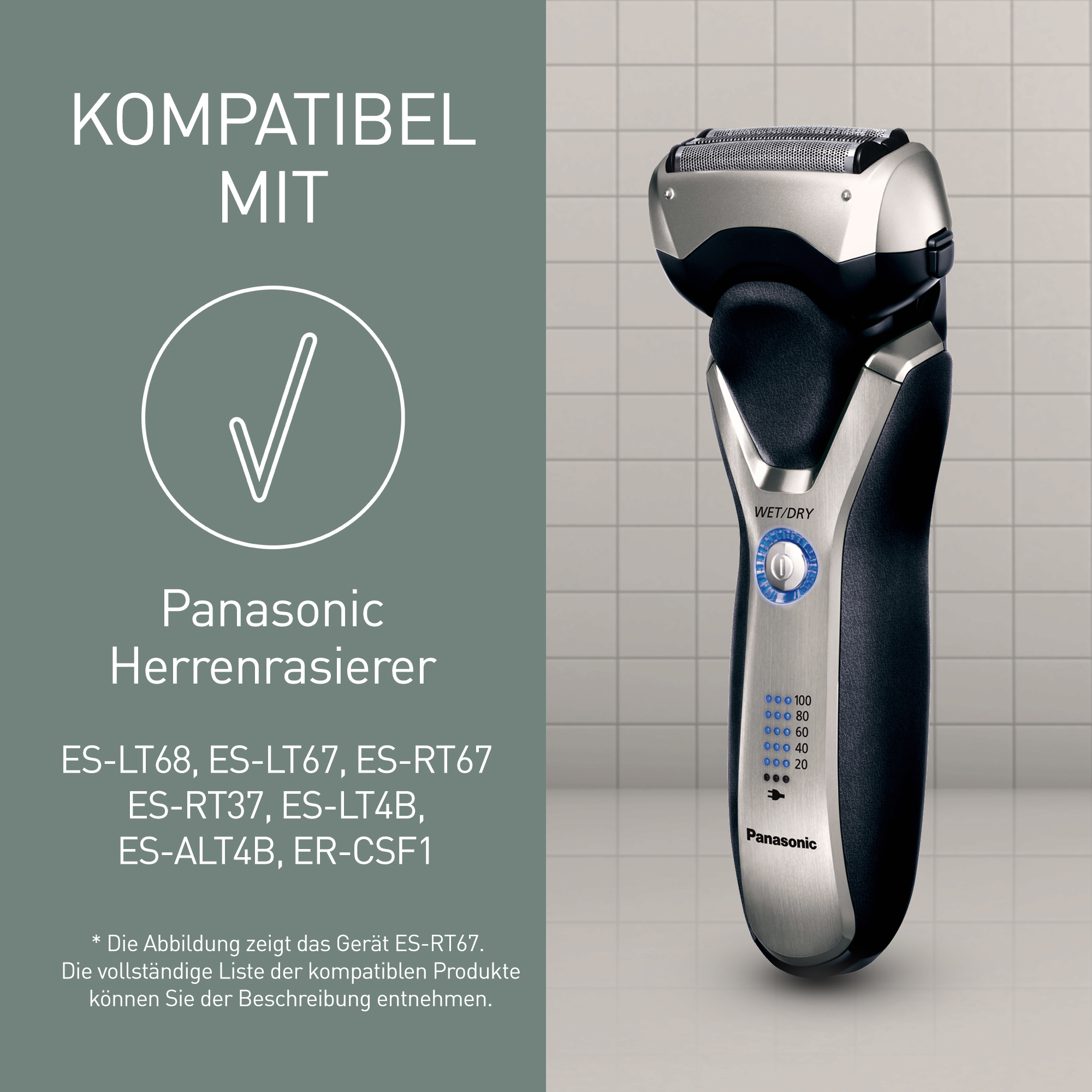 Rasoir électrique argenté et noir, marqué 'Panasonic', avec indicateurs d'alimentation et liste des modèles compatibles.