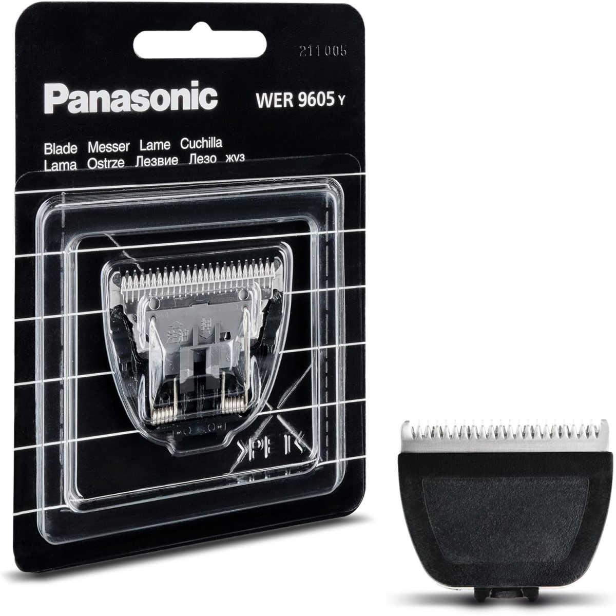 Ein Panasonic Haarschneidemaschinenklingen-Set in einer transparenten Kunststoffverpackung und eine abgetrennte schwarz-silberne Klinge.