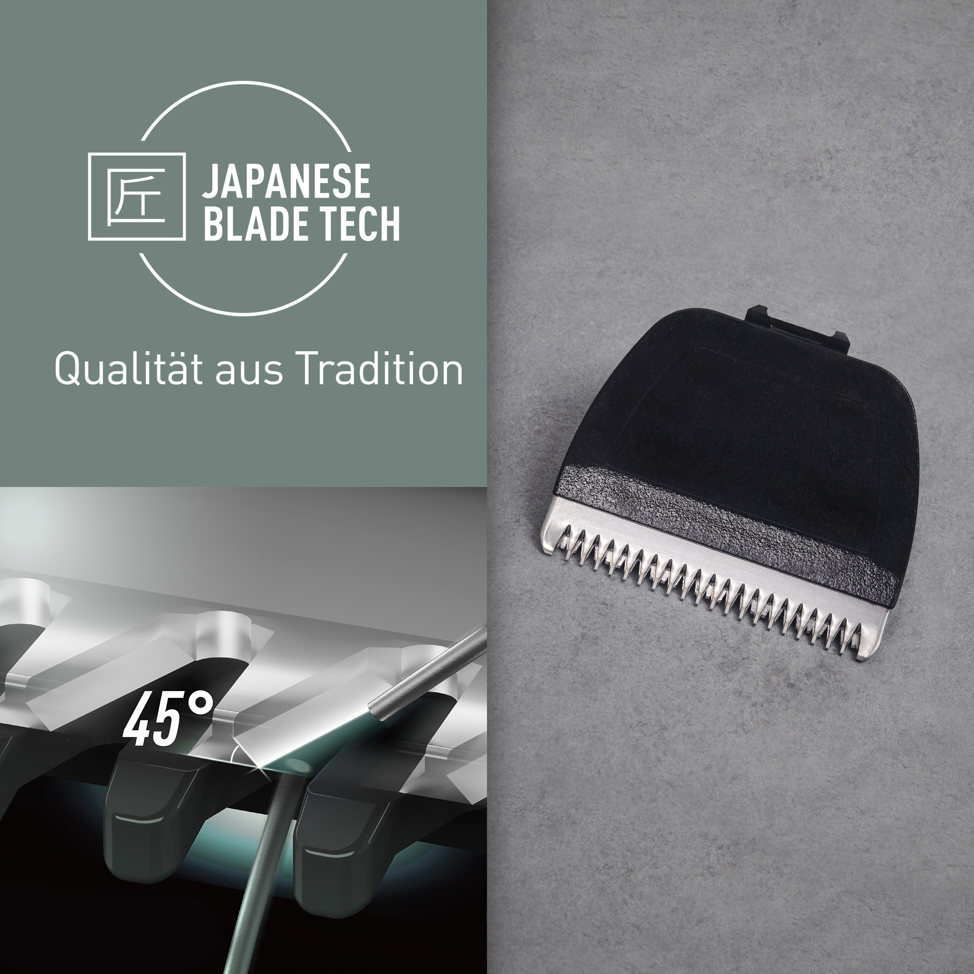 Eine schwarze Haarschneidemaschinenklinge auf grauer Oberfläche. Text: 'Japanese Blade Tech' und 'Qualität aus Tradition'.