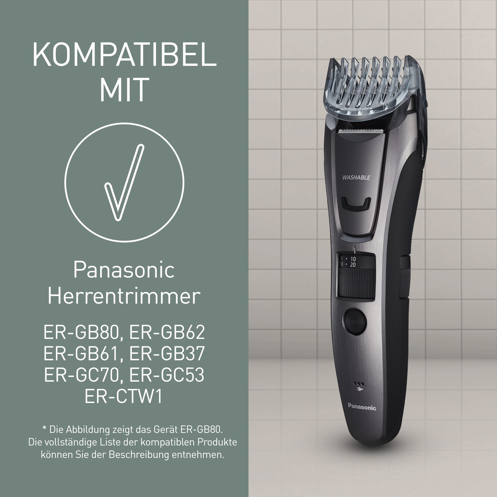 Ein Panasonic Herren-Trimmer mit klarem Kammaufsatz. Der Text lautet 'Washable'.