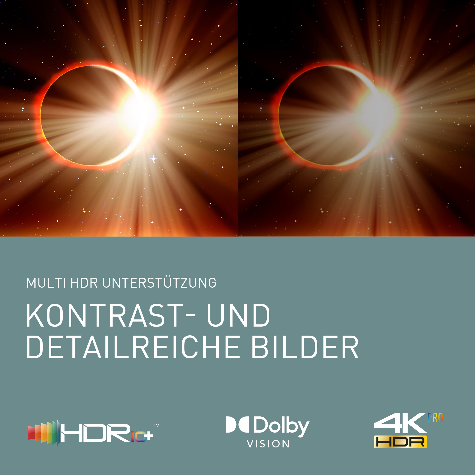 Ilustracja zaćmienia Słońca z jasnymi promieniami światła. Tekst promujący technologię HDR znajduje się na dole.