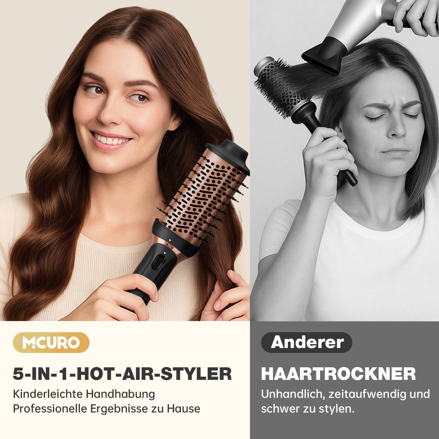 Das Bild zeigt eine lächelnde Frau, die einen Heißluftstyler benutzt. Rechts kämpft eine Frau mit einem Haartrockner. Text hebt die Einfachheit hervor.