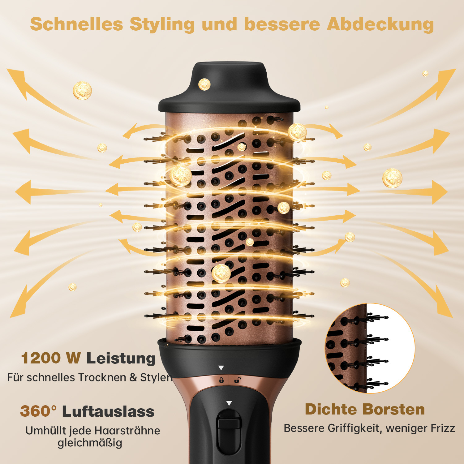 Ein Haarstyling-Werkzeug mit bronzefarbenem Lauf und schwarzem Griff. Pfeile und Text heben Merkmale hervor: 1200 W Leistung, 360° Luftauslass und dichte Borsten.