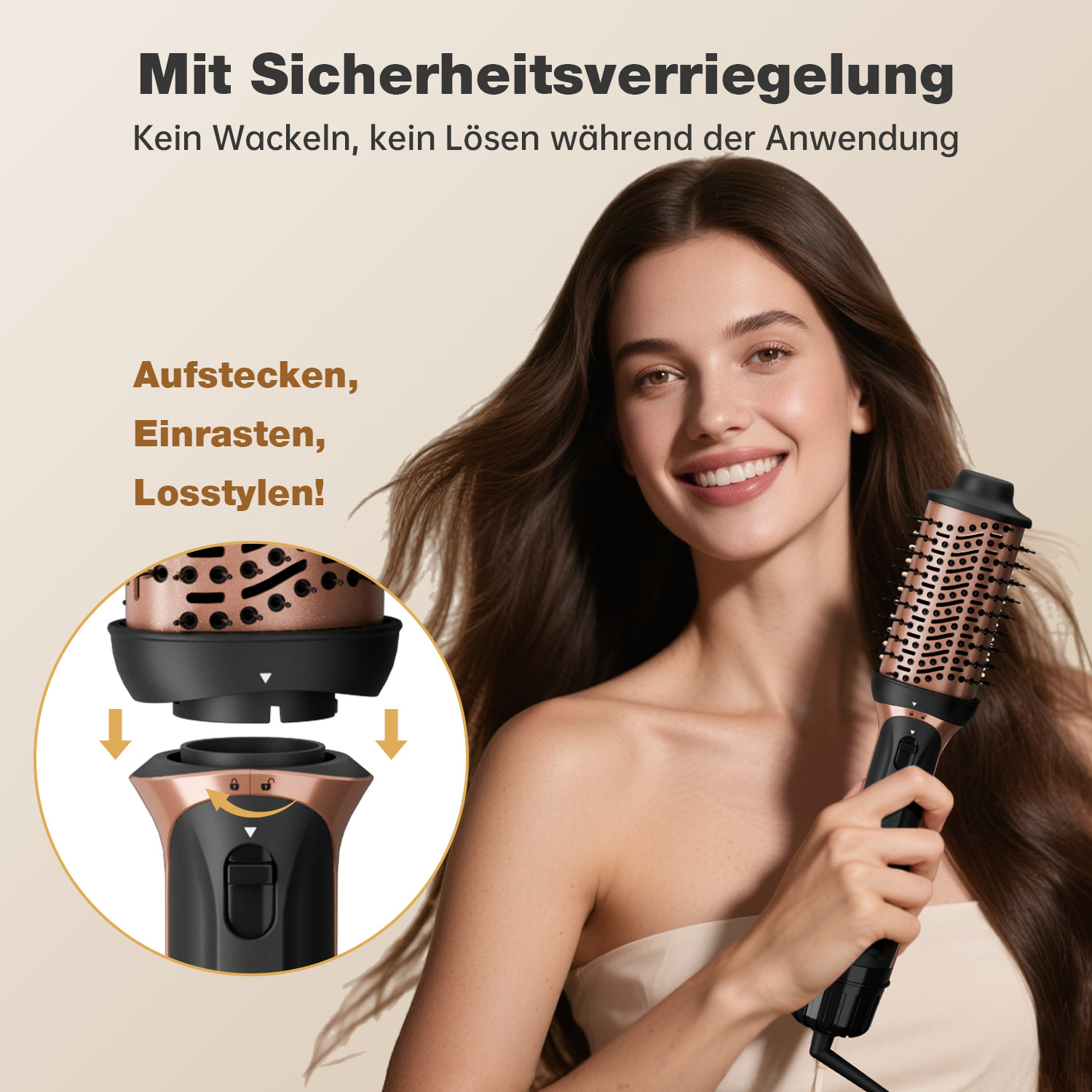 Eine lächelnde Frau hält eine Haarbürste. Der Text zeigt die Funktionen und Anweisungen zur Verwendung der Bürste, zusammen mit Nahaufnahmen.