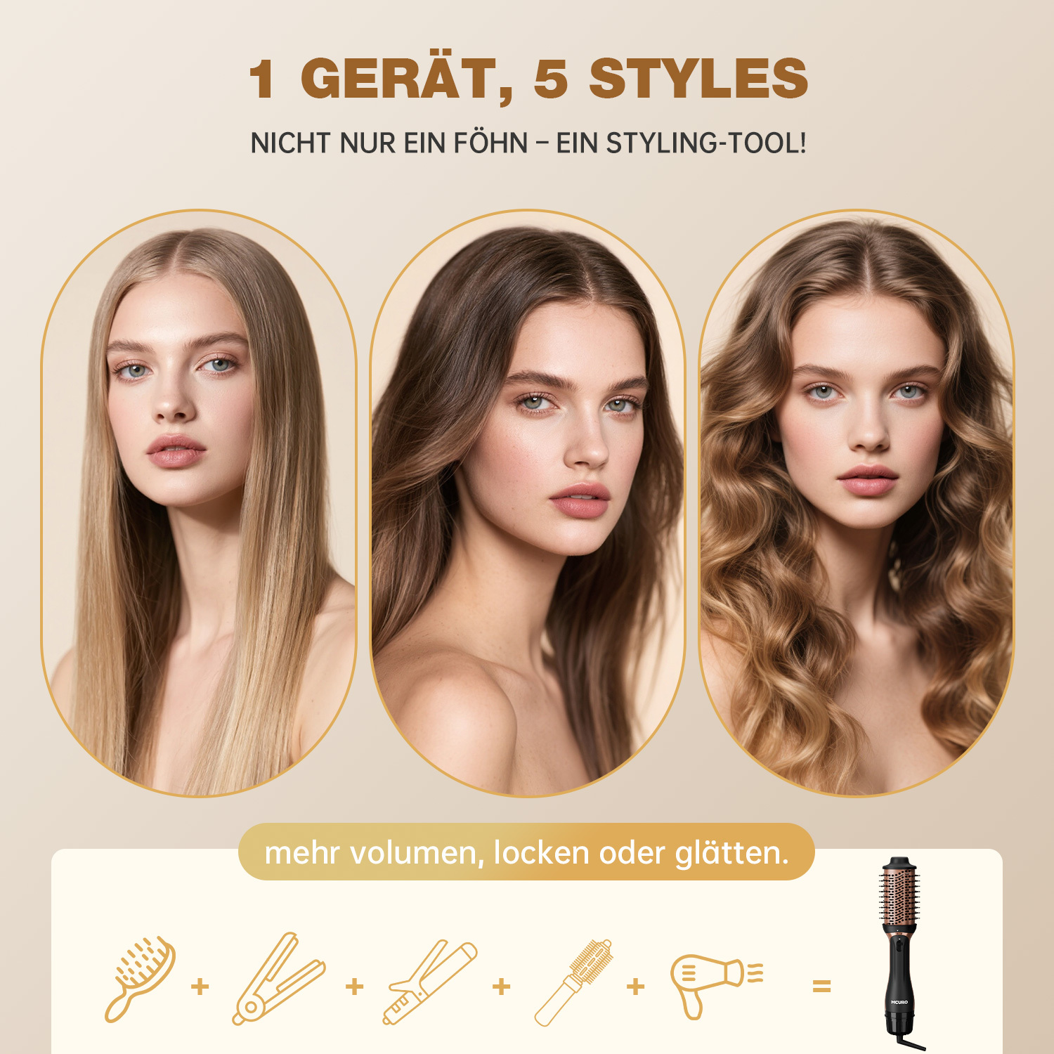 Drei Frauen mit verschiedenen Frisuren. Text sagt '1 Gerät, 5 Styles'. Werkzeuge wie Bürsten und ein Föhn sind ebenfalls abgebildet.