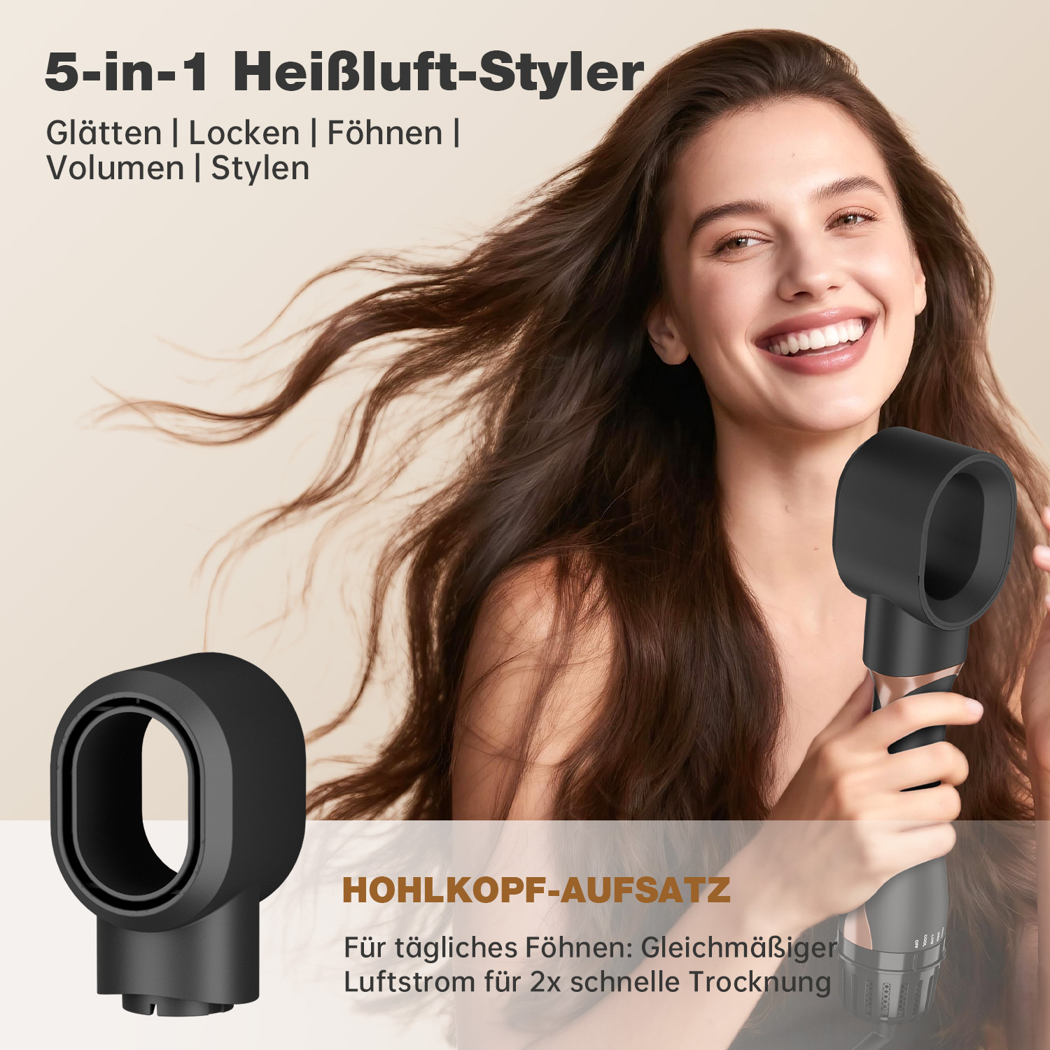 Eine Frau lächelt, während sie einen Haarstyler hält. Das Bild zeigt einen Haarstyler und Text, der für seine Funktionen wirbt.
