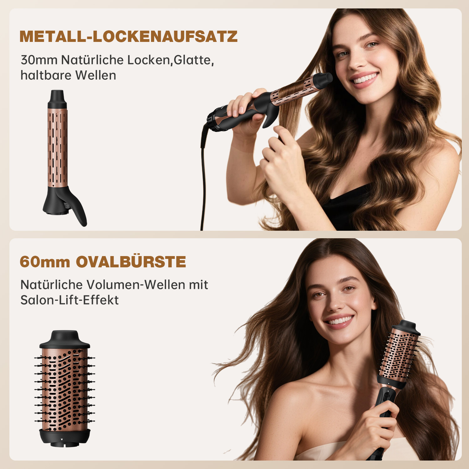 Das Bild zeigt Haarstyling-Tools und Frauen mit gestyltem Haar. Eine benutzt einen Lockenstab, eine andere hält eine Rundbürste.