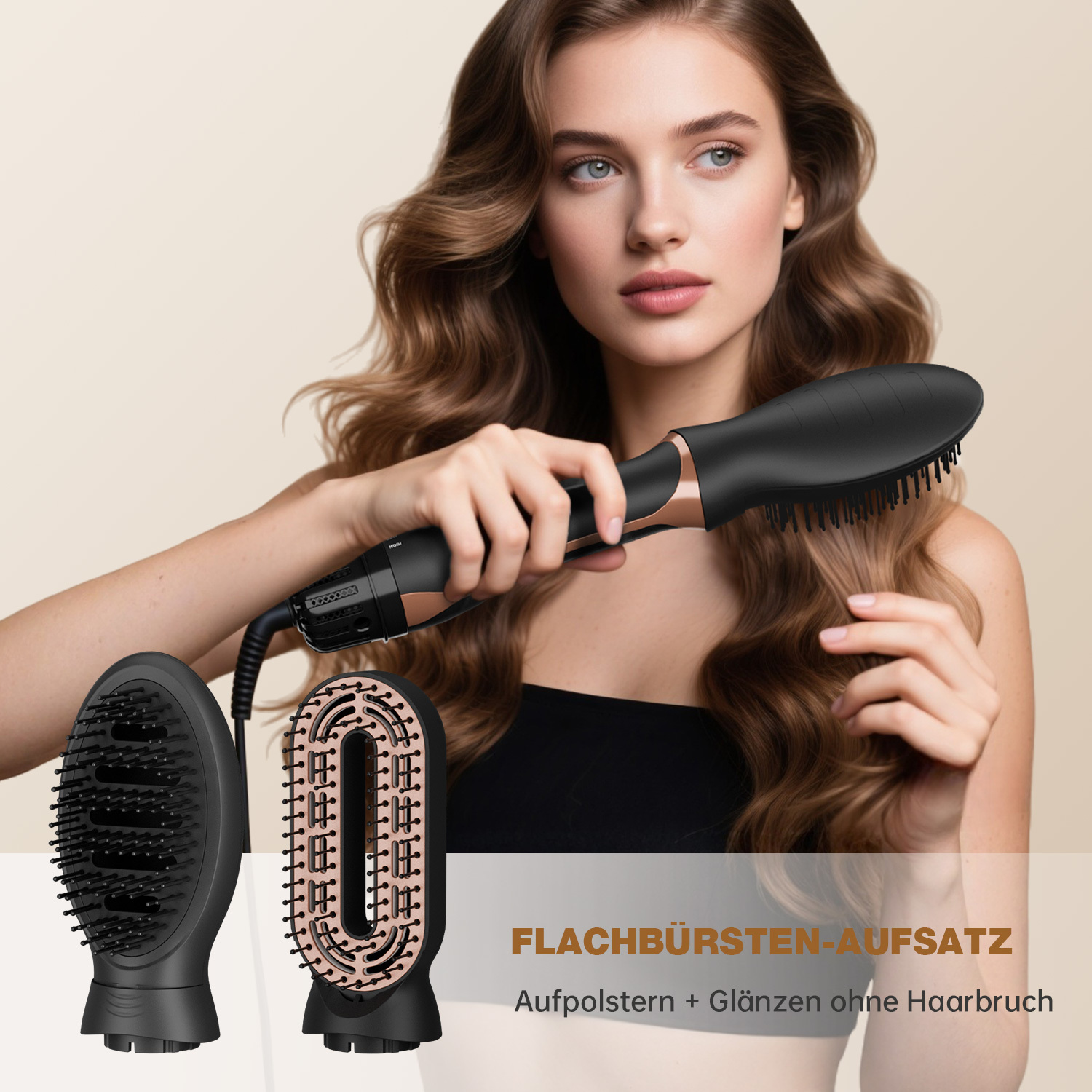 Frau mit langen Haaren benutzt ein schwarzes Haarstyling-Tool mit roségoldenen Akzenten. Zwei Aufsätze im Vordergrund.