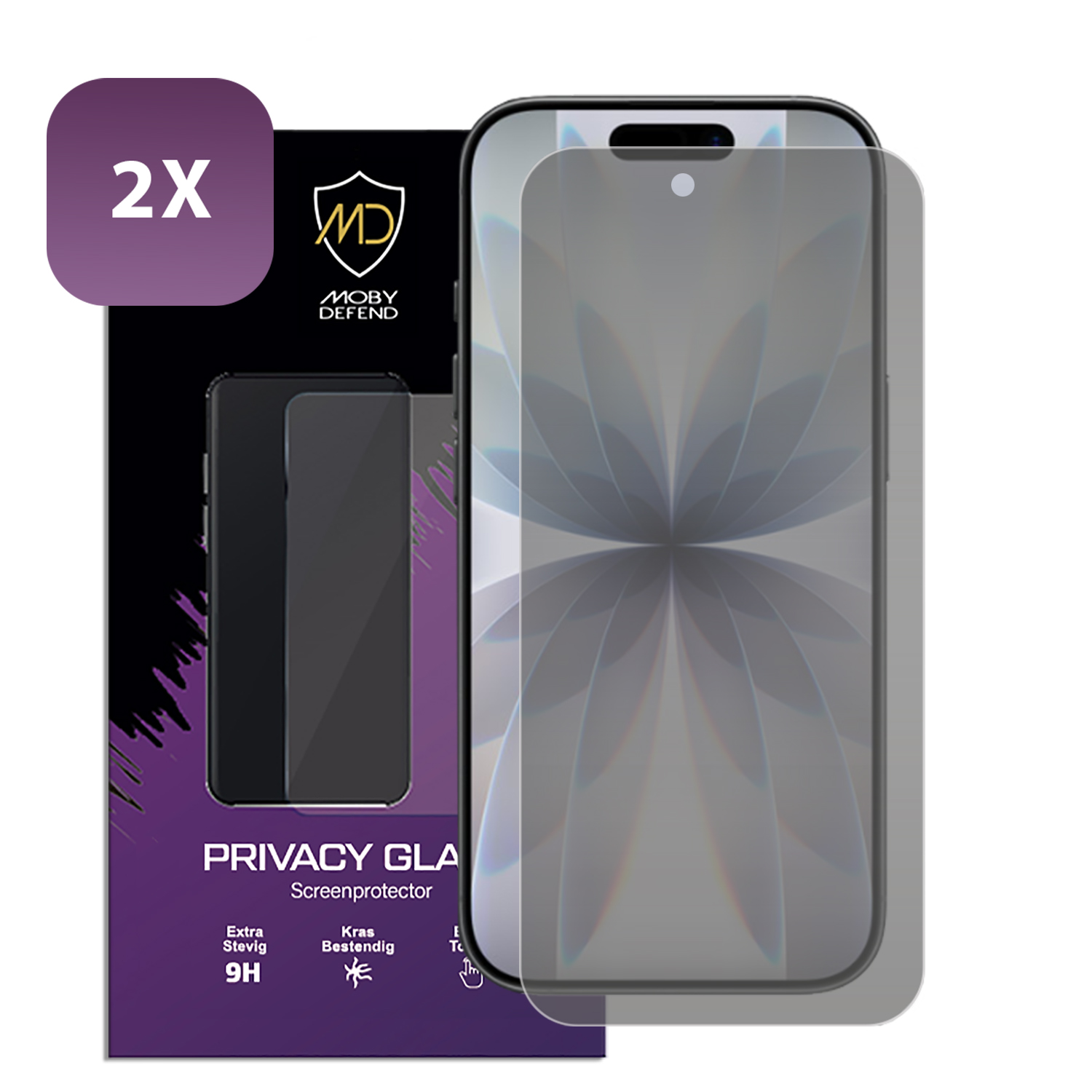 Een iPhone met een schermbeschermer en een verpakking. De verpakking heeft een 2X-label, het Moby Defend-logo en tekst.