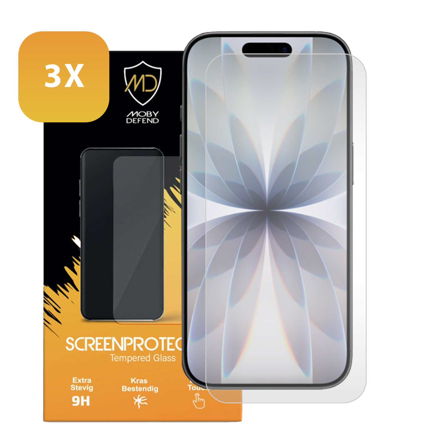 Un emballage de protection d'écran de téléphone avec un téléphone et un protecteur d'écran. Il y a un logo 3X, le logo Moby Defend et du texte.