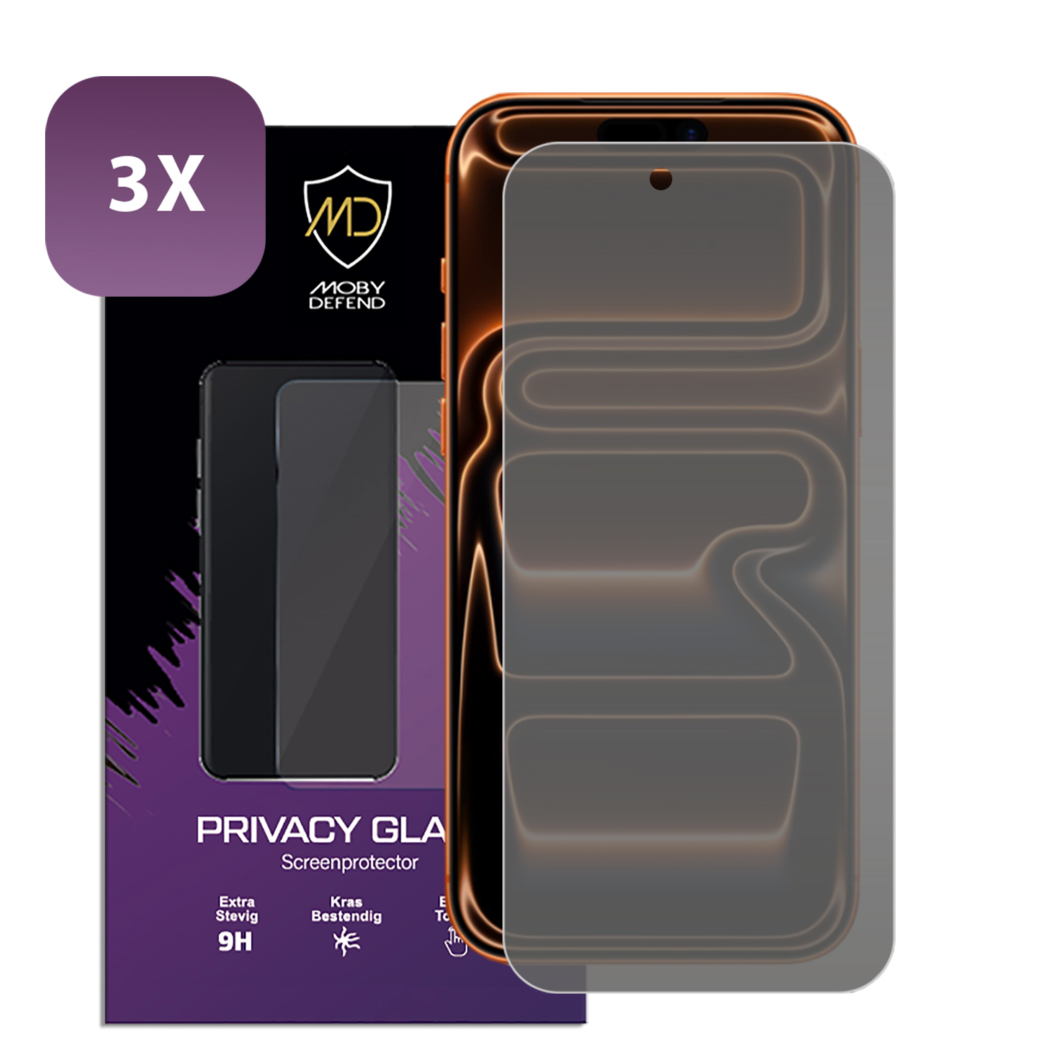 Un téléphone avec un protecteur d'écran de confidentialité. L'emballage montre le téléphone, le protecteur et la marque. Le protecteur est légèrement transparent.