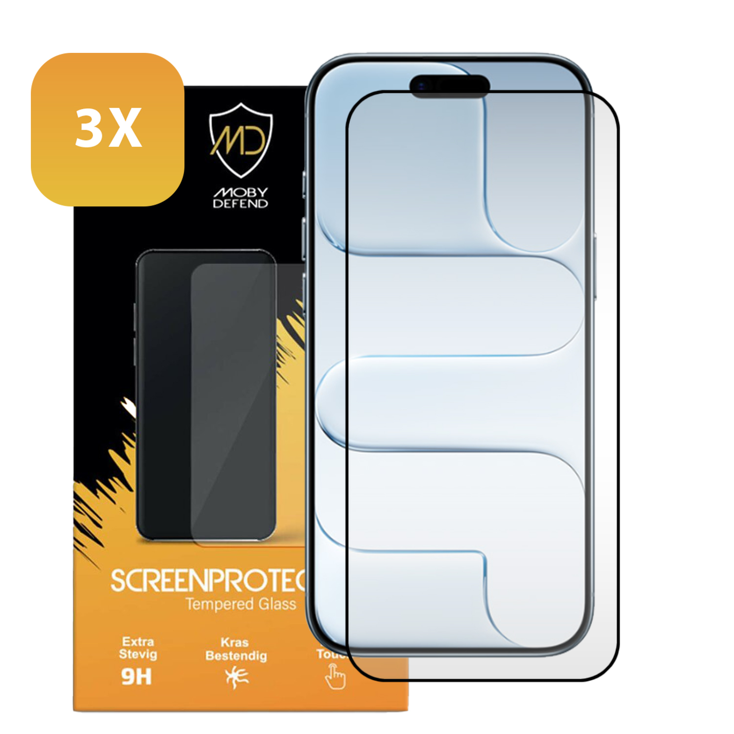 Een schermbeschermerdoos met 3x symbool, telefoonbeschermer en een telefoon. Tekst zegt schermbeschermer en gehard glas.
