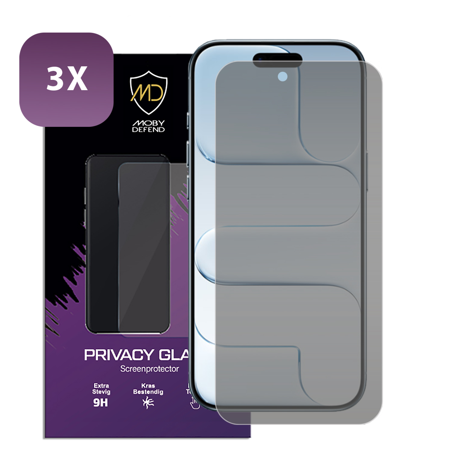Un téléphone avec un protecteur d'écran et un emballage. L'emballage montre le produit, la marque et d'autres détails.