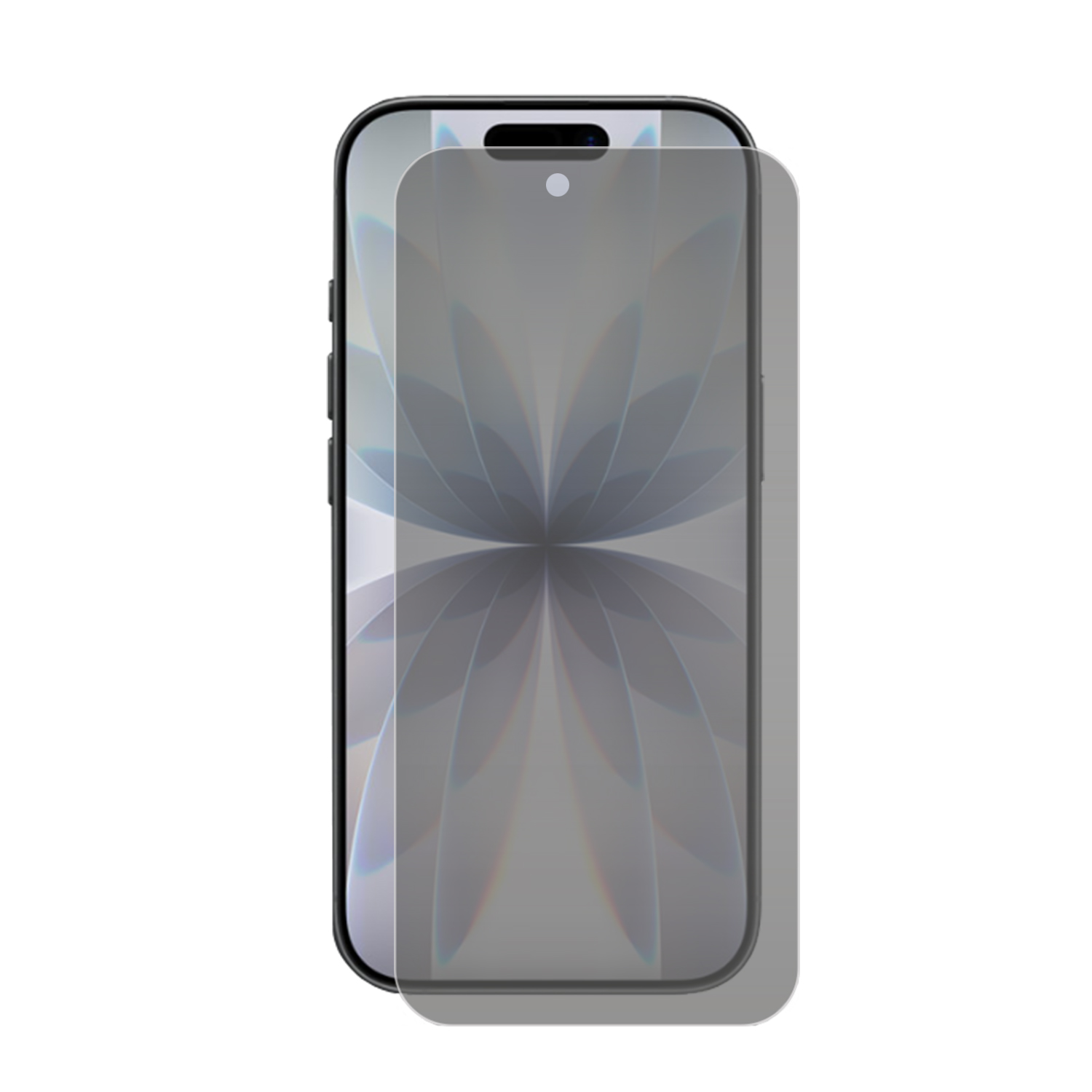 Een smartphone met een schermbeschermer. De beschermer is grijs en de telefoon heeft een zwart frame.