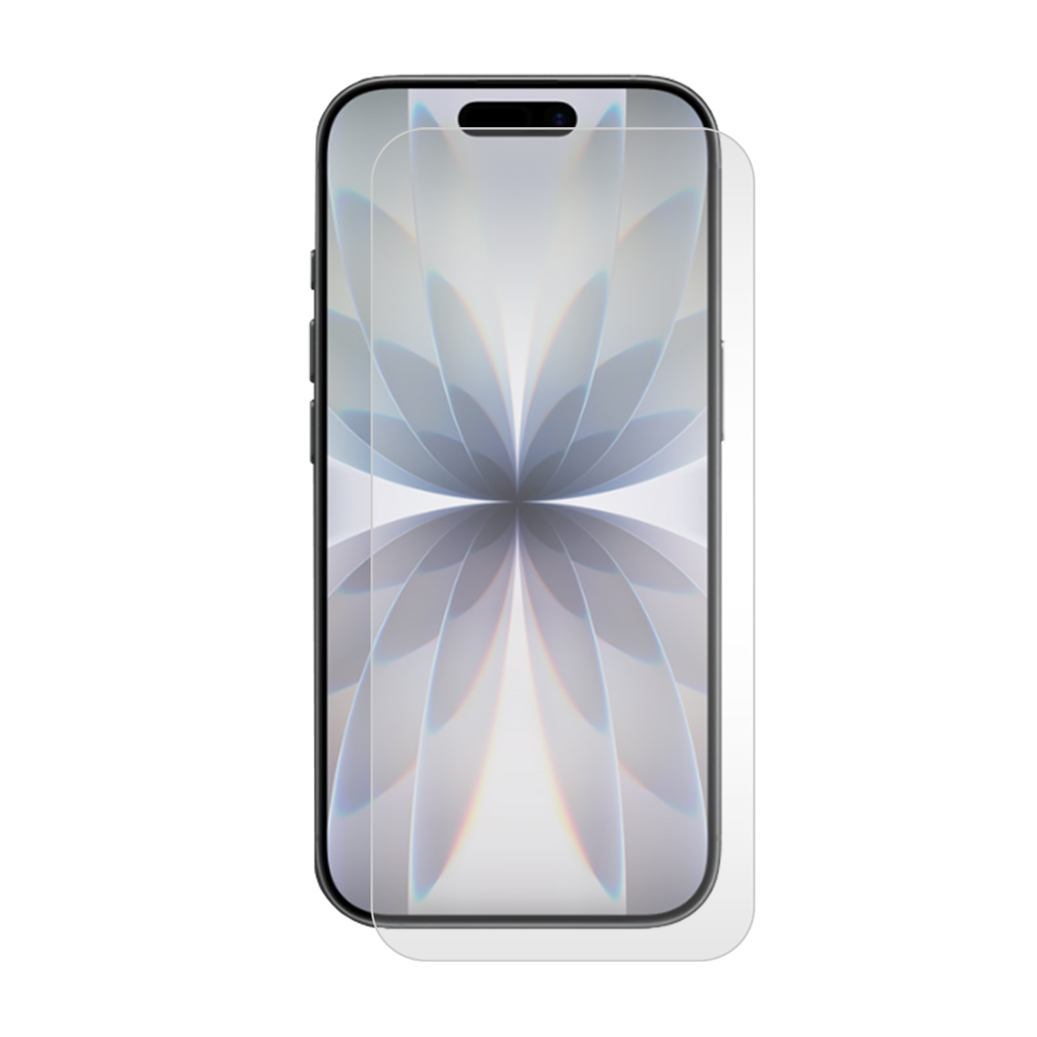 Un smartphone avec un protecteur d'écran appliqué. L'écran affiche un motif abstrait gris clair. Le téléphone est noir avec un fond blanc.