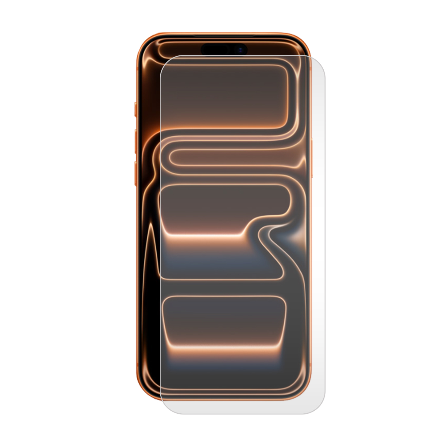 Smartphone avec protection d'écran. Cadre orange, écran noir avec lignes lumineuses et protection transparente.