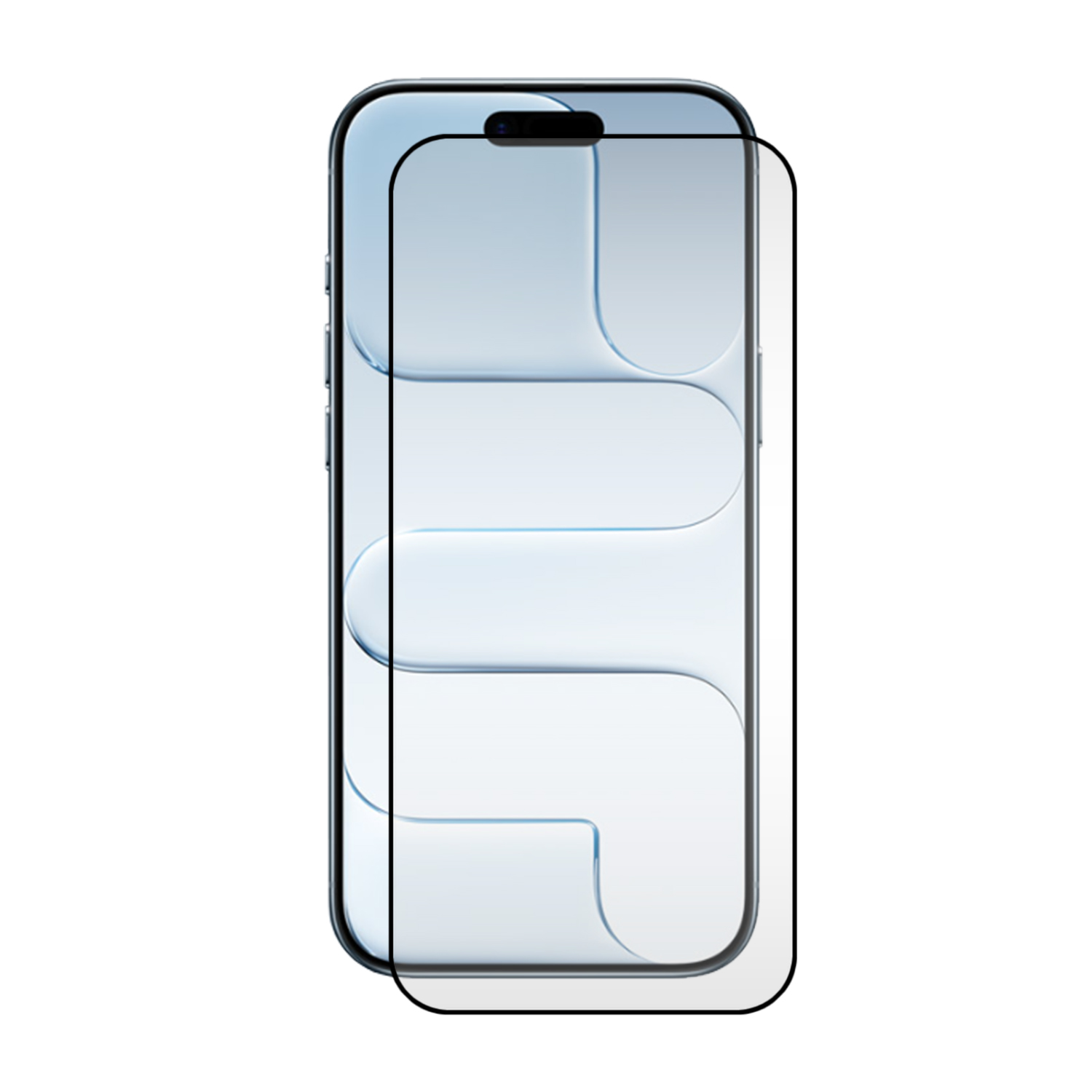 Een smartphone met een schermbeschermer erop. De telefoon is zilverkleurig, met een zwarte schermbeschermer. Witte achtergrond.