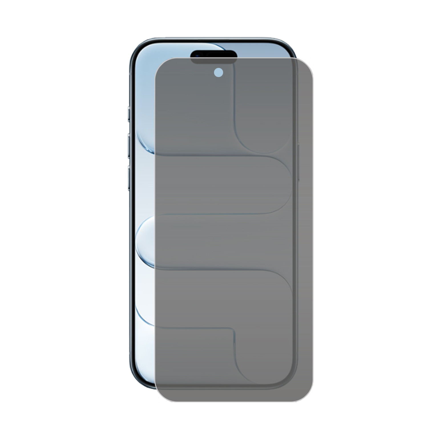 Un smartphone avec un protecteur d'écran appliqué. Le téléphone est noir, le protecteur est gris. Fond blanc.