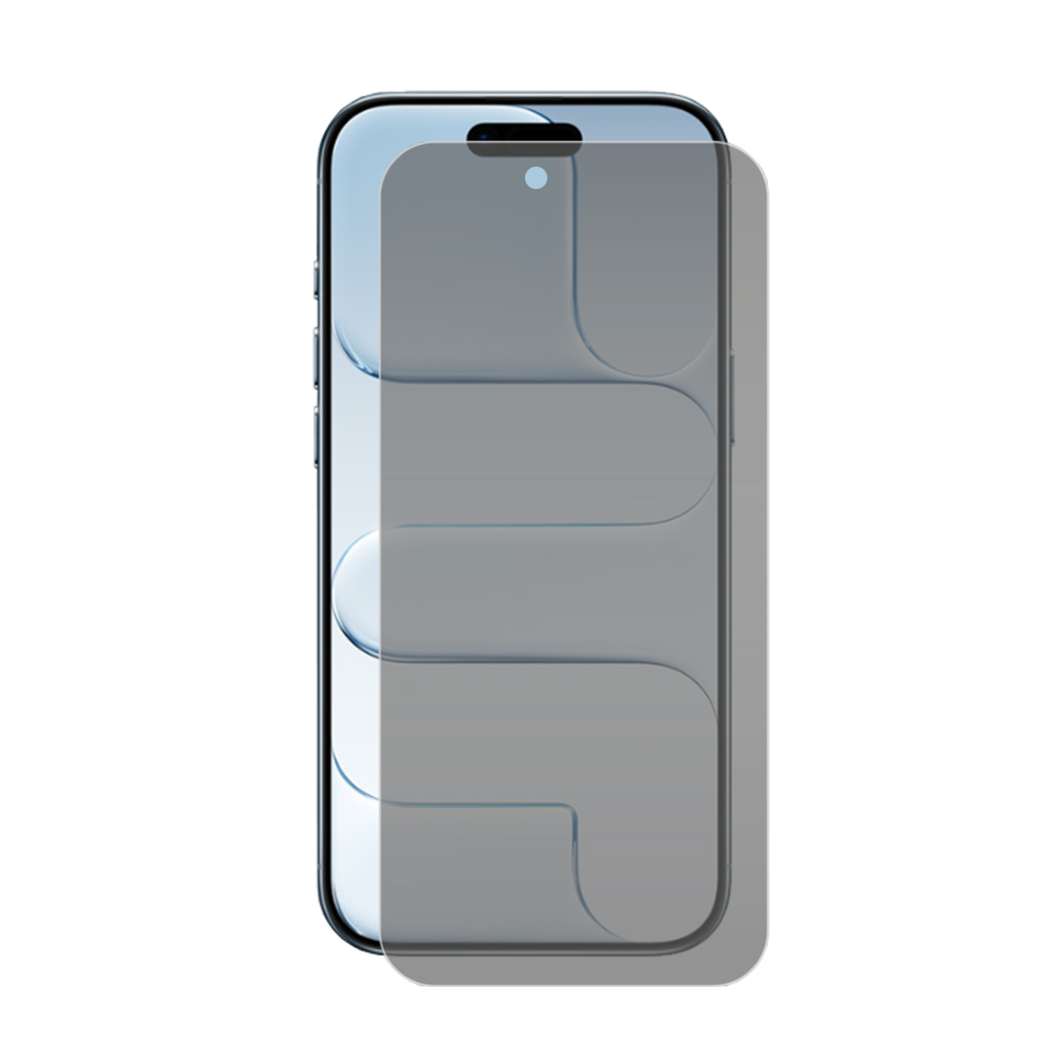 Un smartphone avec un protecteur d'écran. Le téléphone est noir, le protecteur gris. Le fond est blanc.