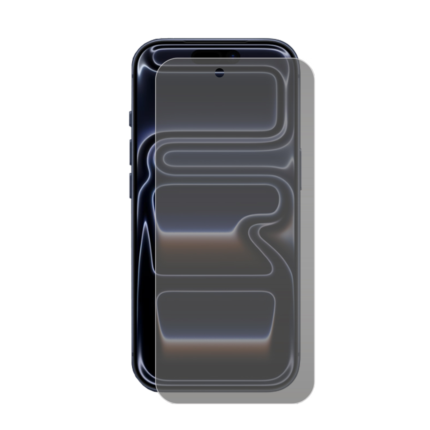 Een smartphone met een schermbeschermer erop. De telefoon is zwart, de beschermer is grijs getint met een schaduw.