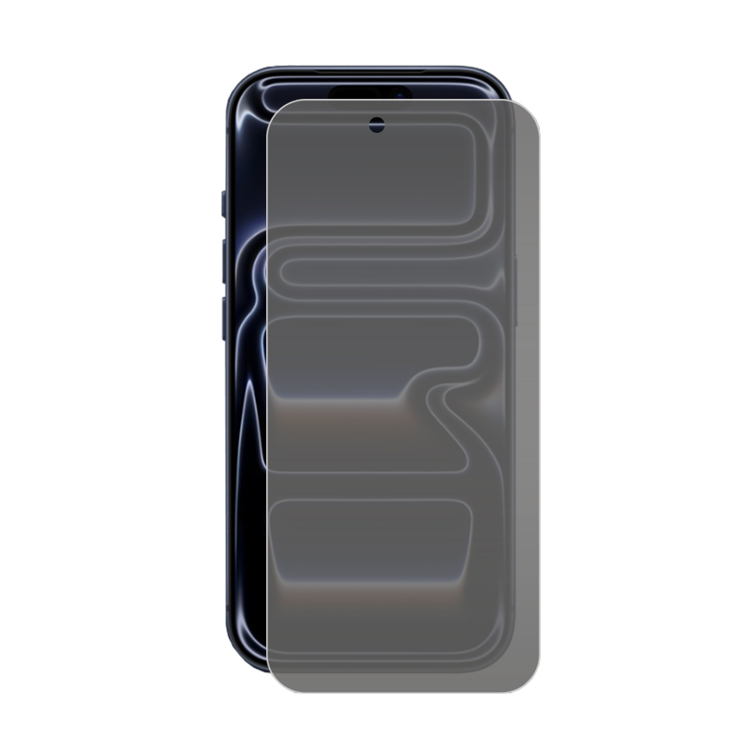 Un smartphone noir avec un protecteur d'écran gris appliqué. Le protecteur d'écran a des bords incurvés et recouvre tout l'écran.