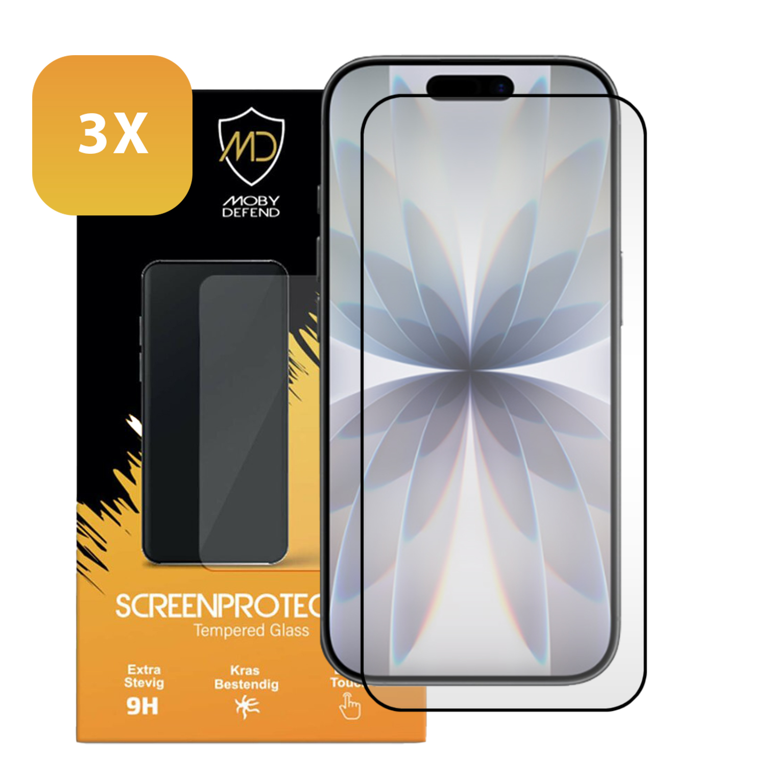 Een pakketje schermbeschermers voor een telefoon. Het toont de beschermer en de verpakking met tekst en logo's.