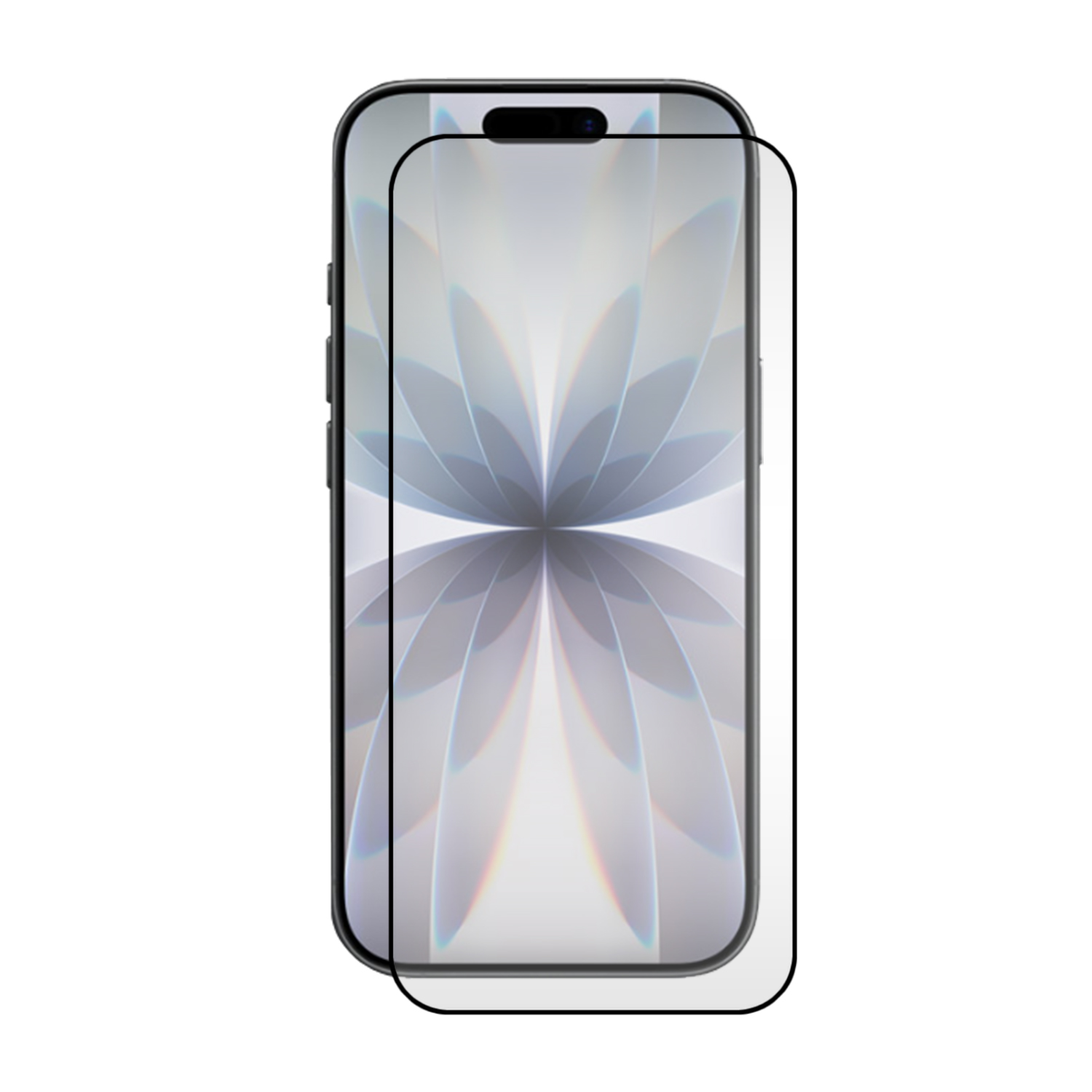 Een smartphone met een schermbeschermer. De telefoon is zwart met een witte achtergrond, met een bloemenontwerp.