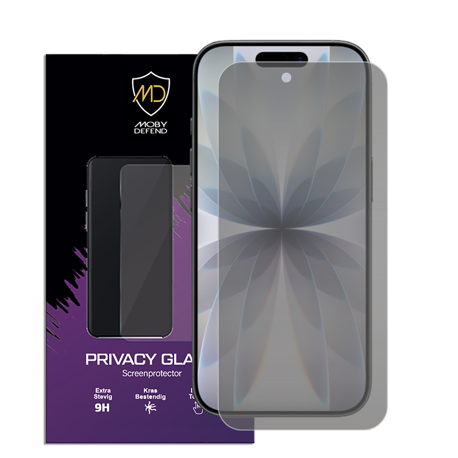 Een telefoon met een schermbeschermer en een productdoos van Moby Defend privacy glass schermbeschermer.