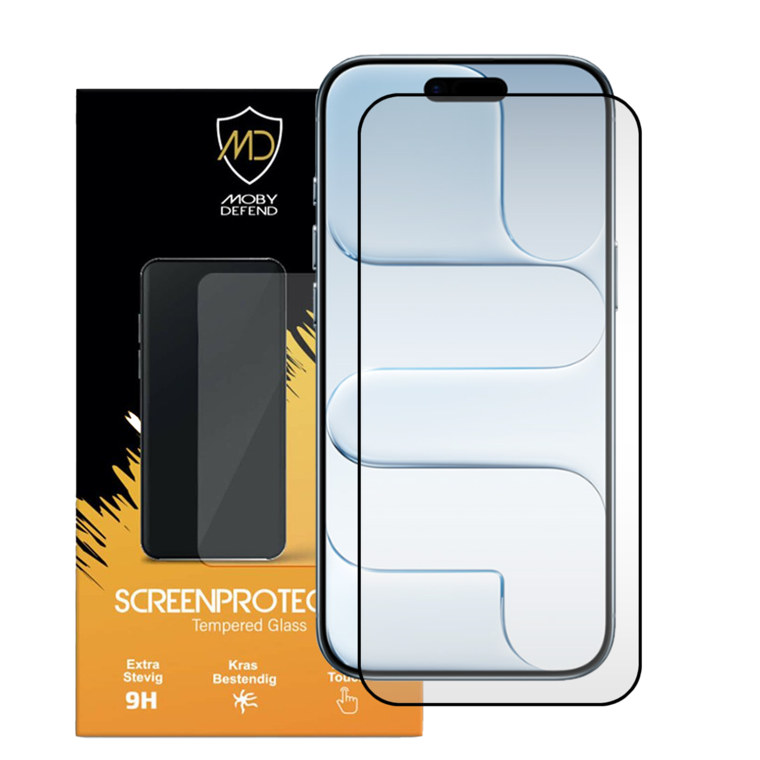 Une boîte de protection d'écran de téléphone avec un protecteur d'écran de téléphone, la boîte a du texte et un logo, et un téléphone.