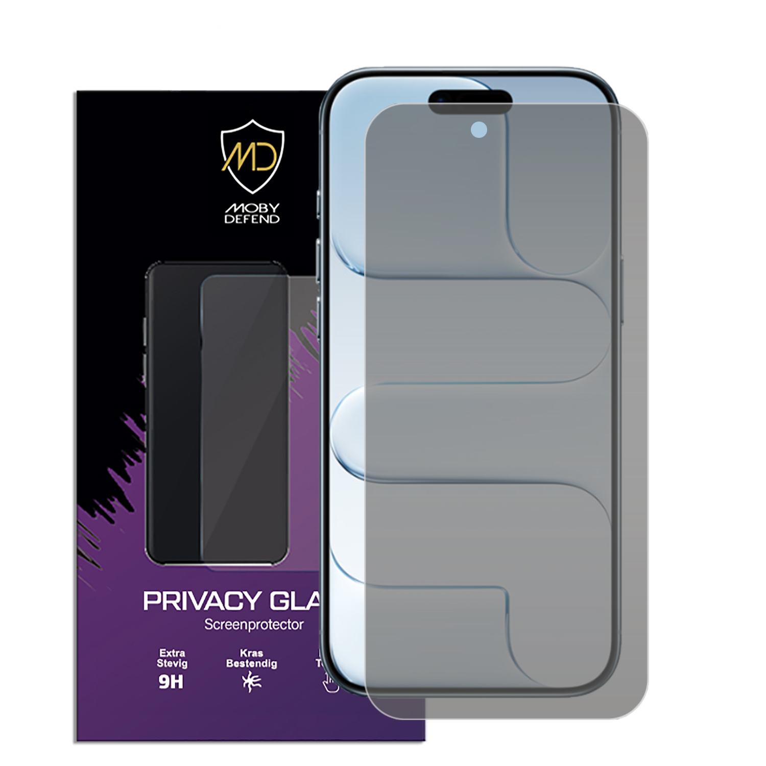 Een telefoon met een privacy screenprotector staat naast de verpakking. De verpakking heeft een logo en tekst.