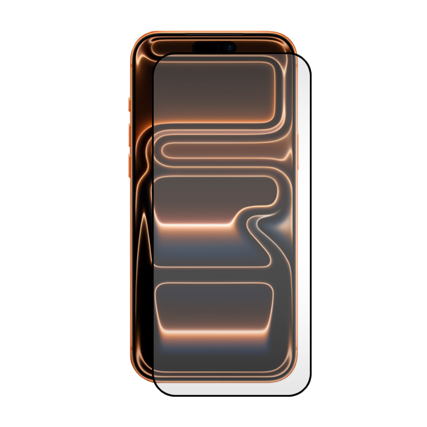 Een smartphone met een schermbeschermer. Het scherm toont gloeiende lijnen. De telefoon heeft een oranje frame en een zwarte rand.