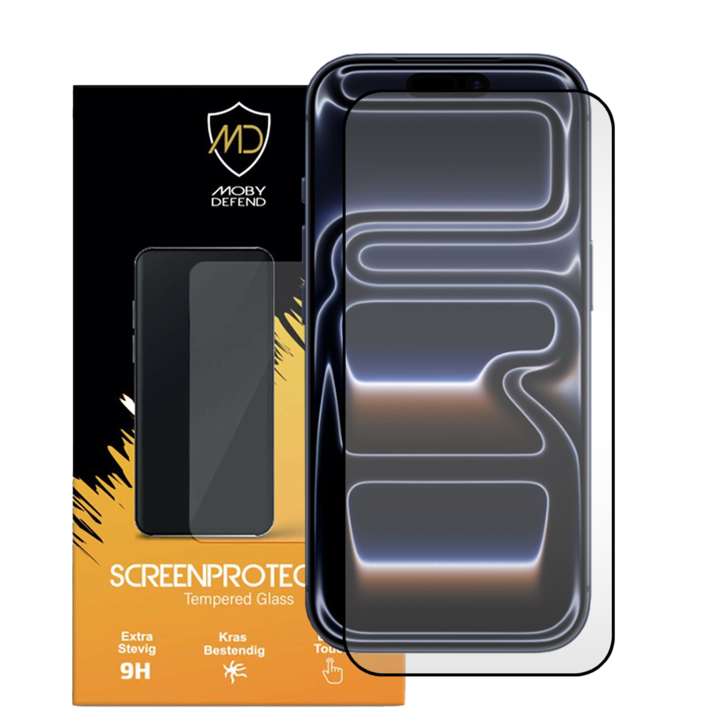 Une boîte de protection d'écran de téléphone avec un téléphone et un protecteur. La boîte contient le nom de la marque et les détails du produit. Le protecteur est sur le téléphone.