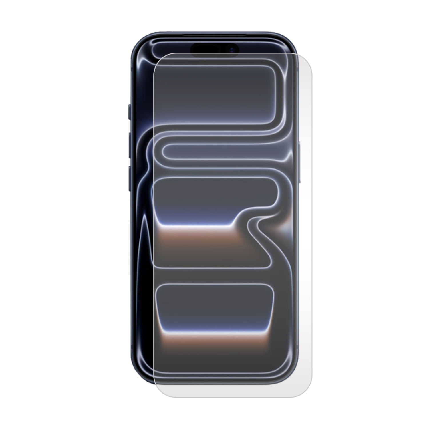 Een smartphone met een schermbeschermer aangebracht. De schermbeschermer heeft een gebogen ontwerp met een glanzende afwerking, de telefoon is zwart.