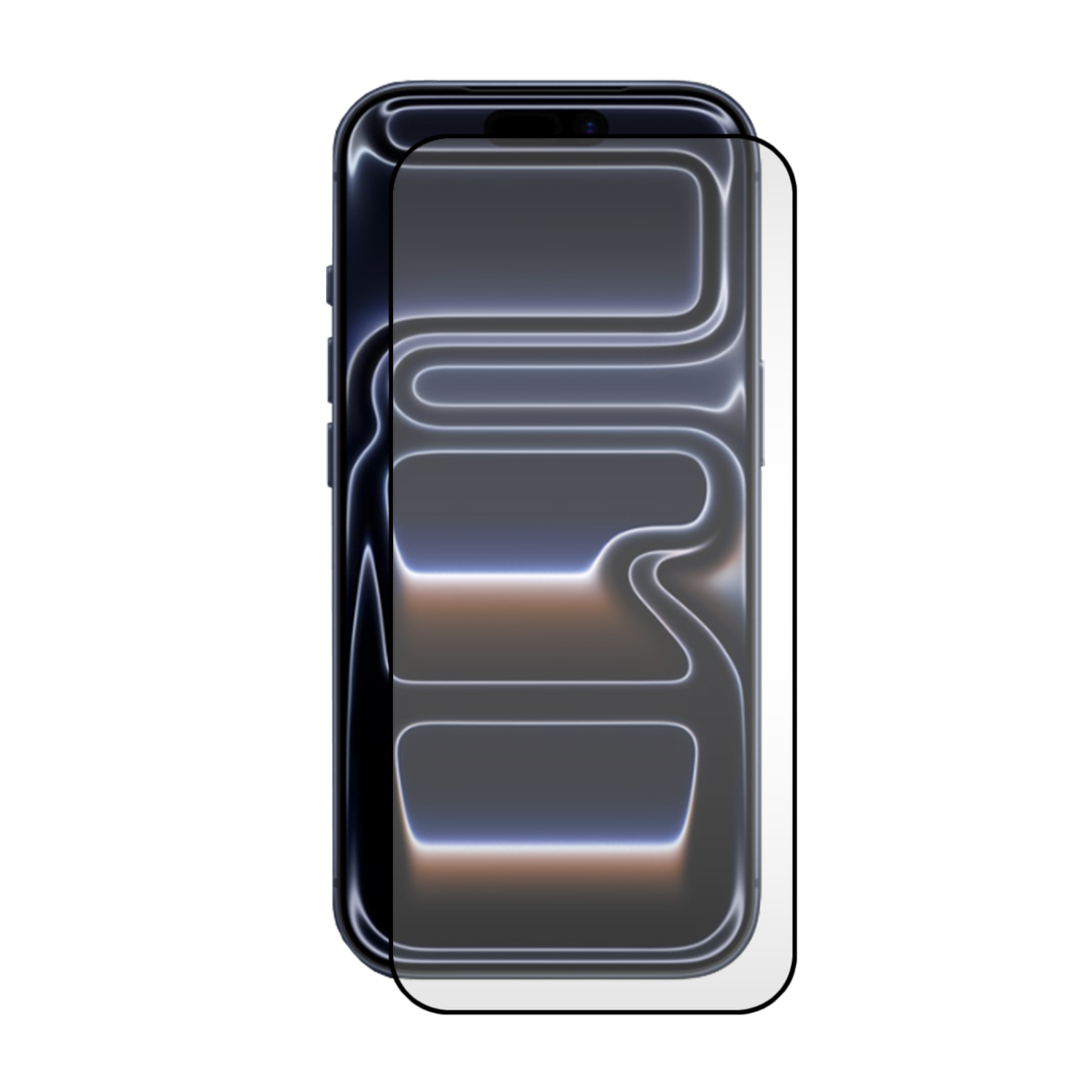 Un smartphone avec un protecteur d'écran appliqué. L'écran affiche un design stylisé et lumineux sur fond noir.